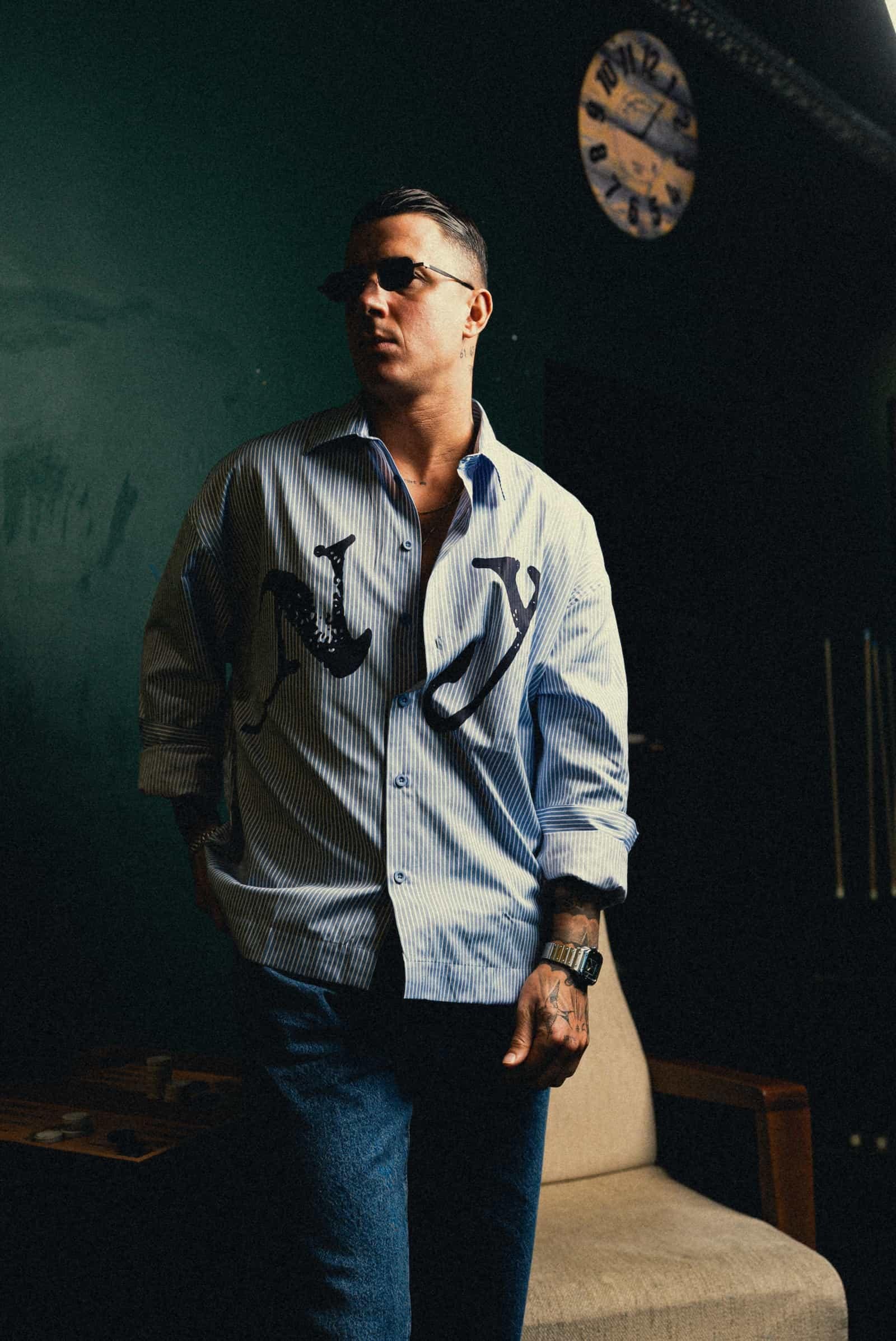 Erkek Oversize Çizgili Baskılı Gömlek Mavi