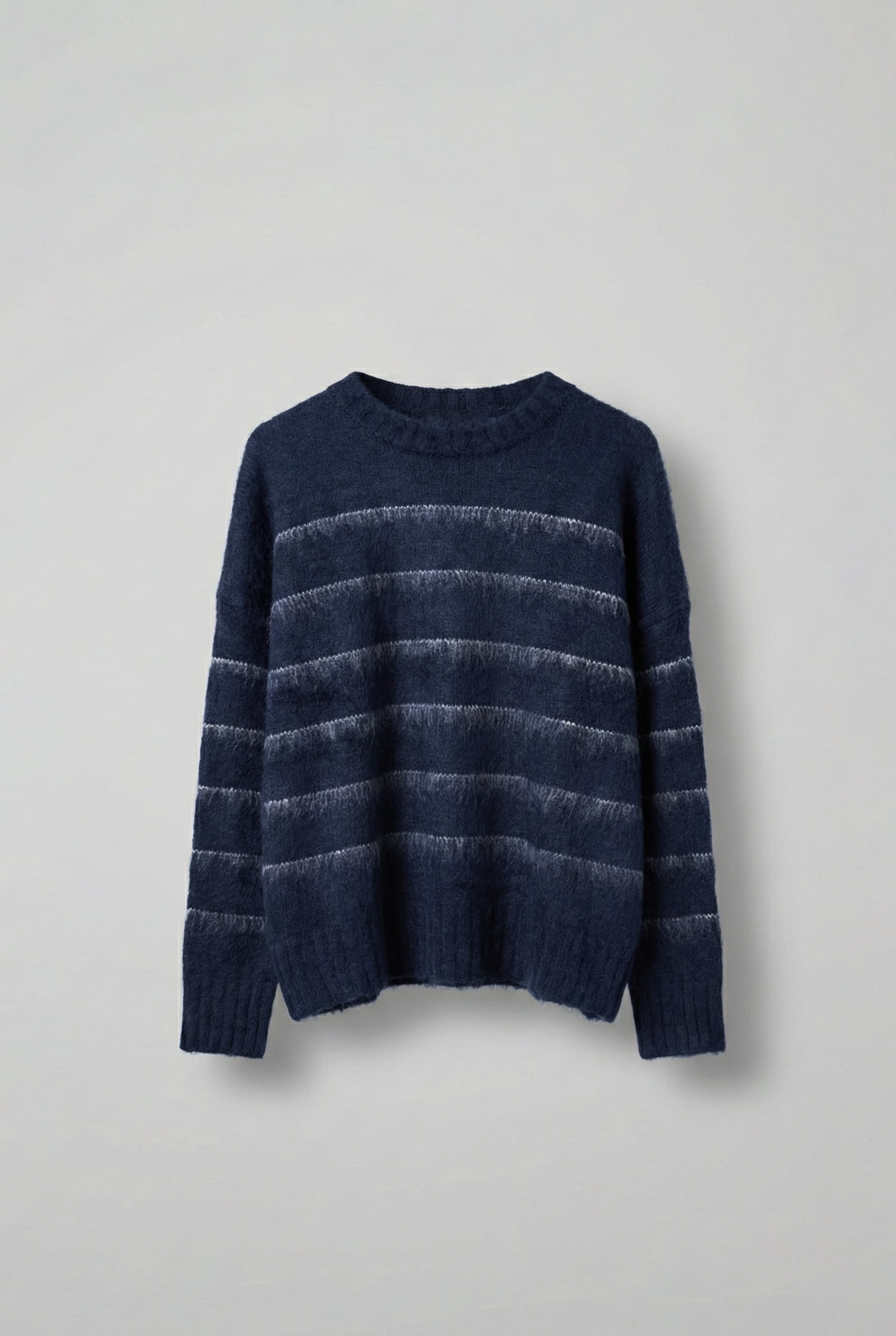 Erkek Oversize Çizgili Tüylü Triko Kazak Lacivert