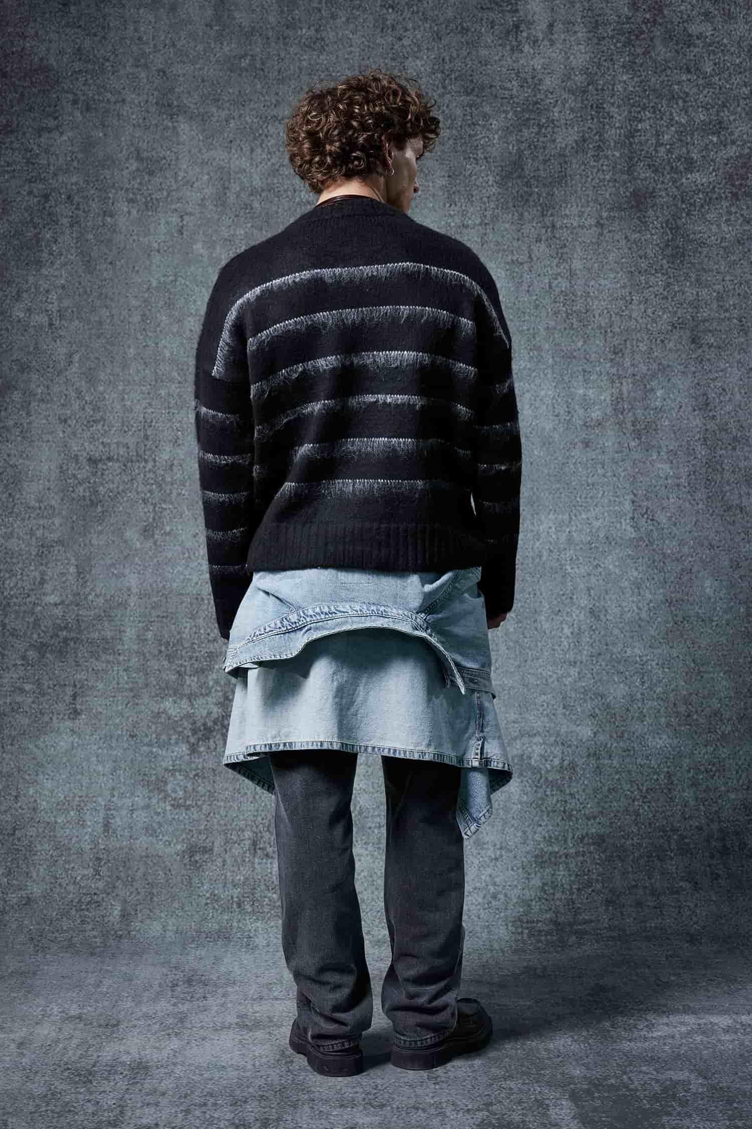 Erkek Oversize Çizgili Tüylü Triko Kazak Siyah