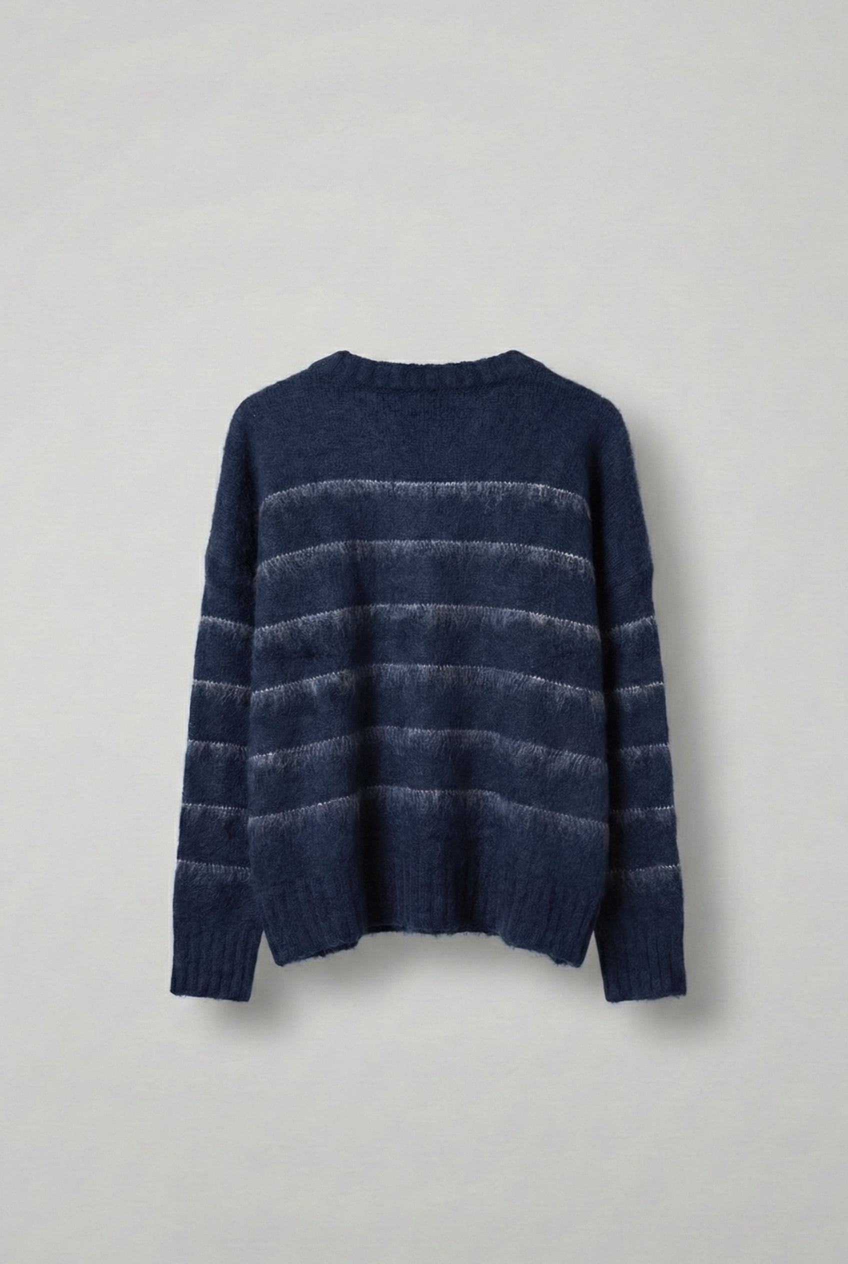 Erkek Oversize Çizgili Tüylü Triko Kazak Lacivert