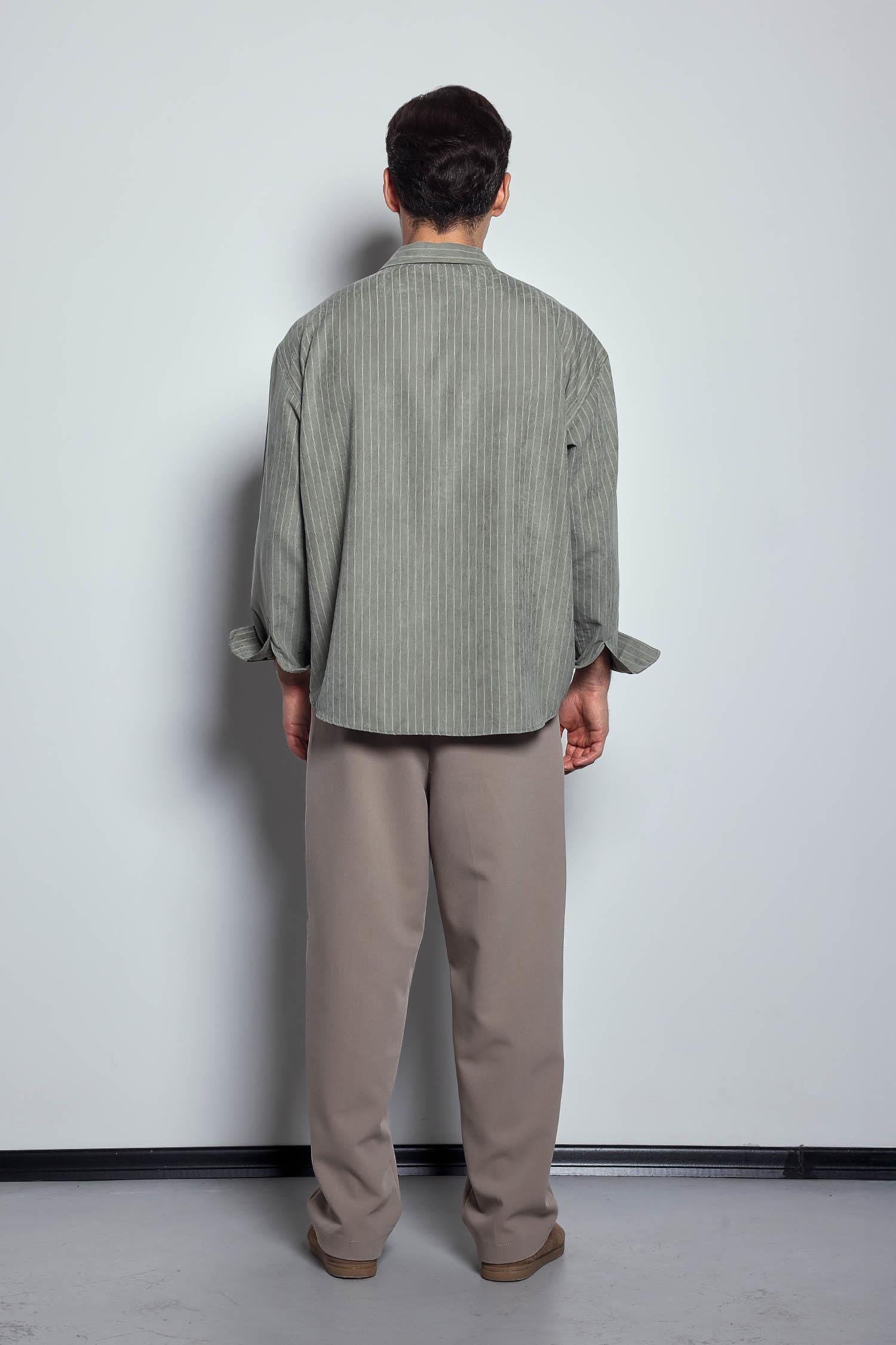 Erkek Oversize Çizgili Uzun Kollu Gömlek Haki Yeşil