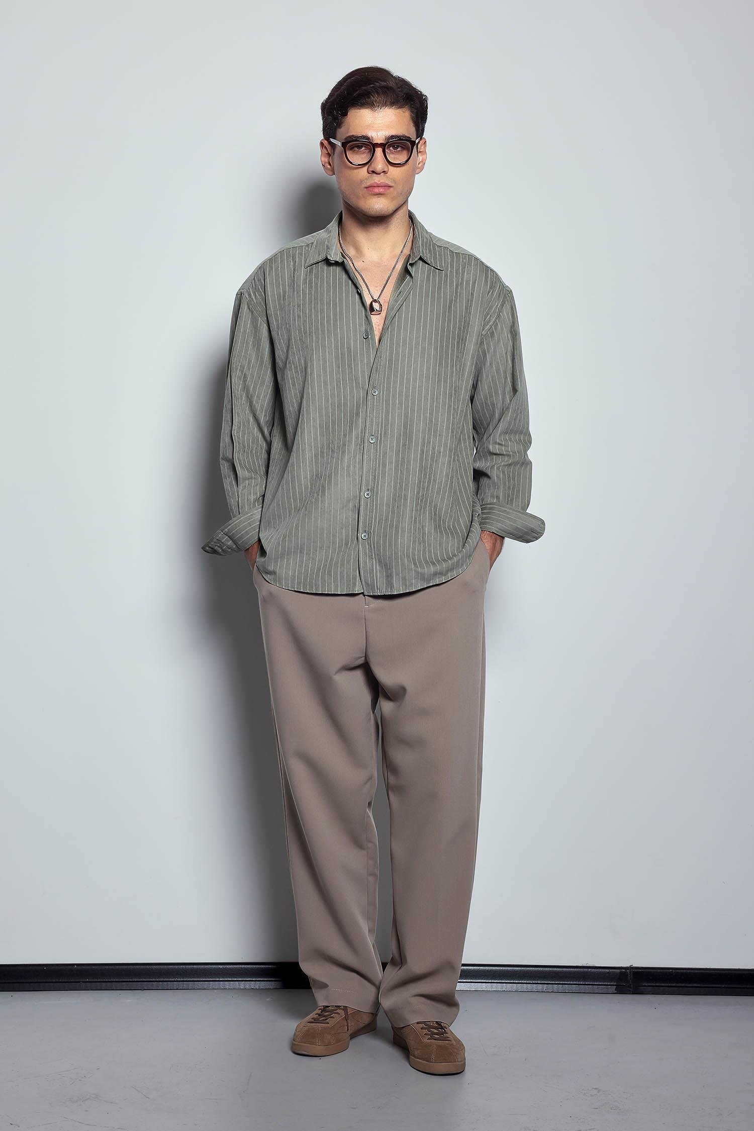 Erkek Oversize Çizgili Uzun Kollu Gömlek Haki Yeşil