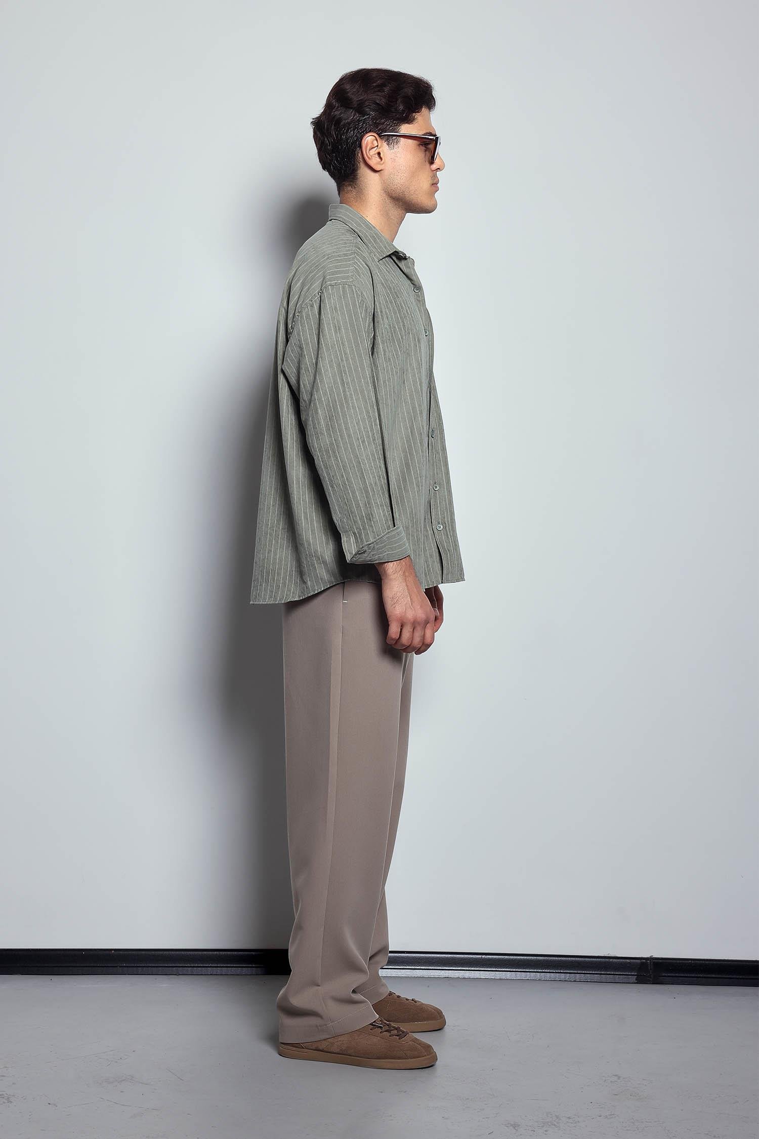 Erkek Oversize Çizgili Uzun Kollu Gömlek Haki Yeşil