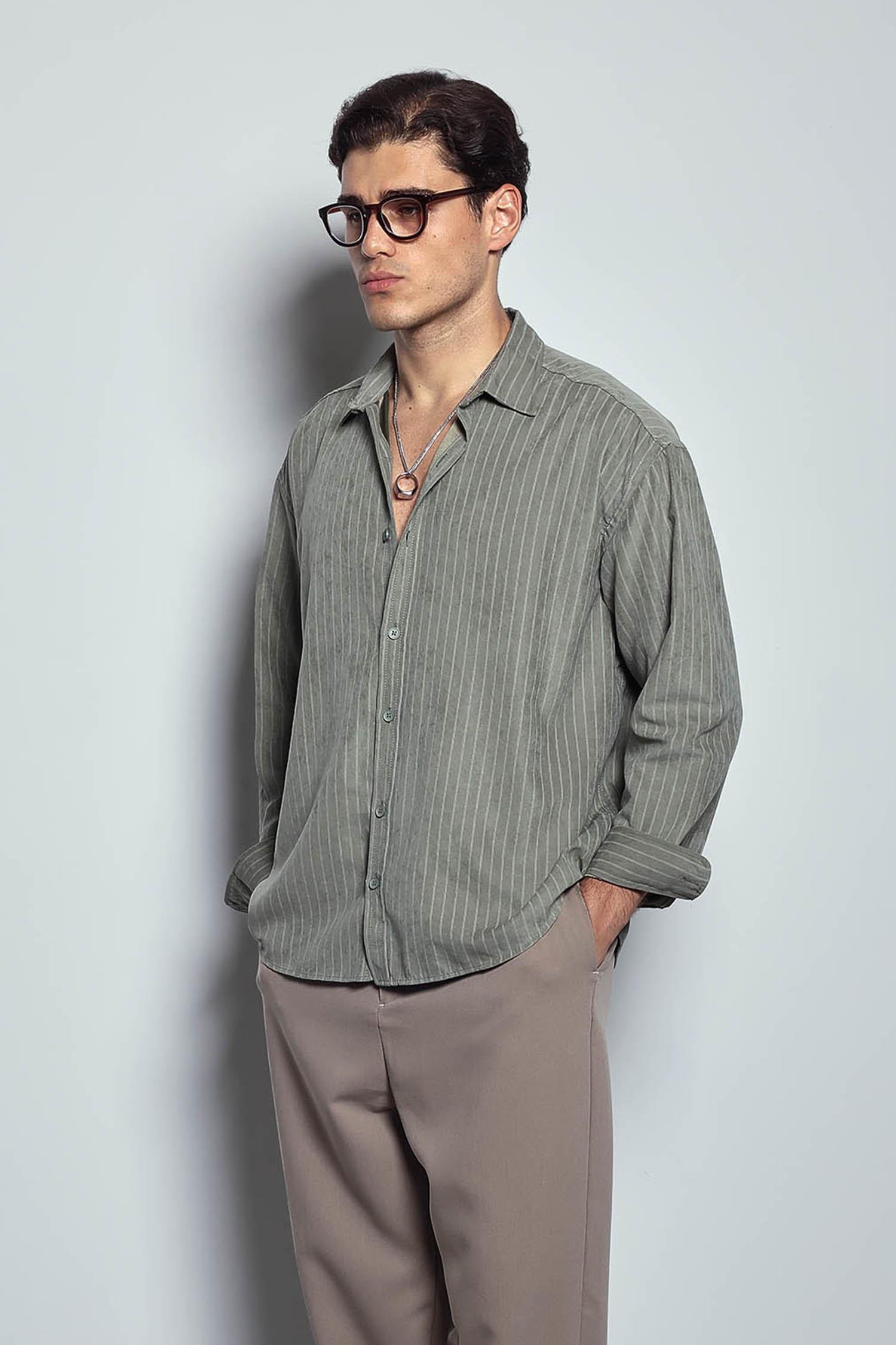 Erkek Oversize Çizgili Uzun Kollu Gömlek Haki Yeşil