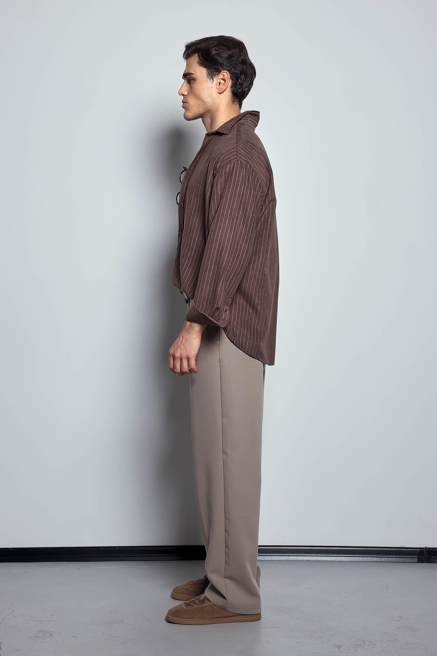 Erkek Oversize Çizgili Uzun Kollu Gömlek Kahverengi