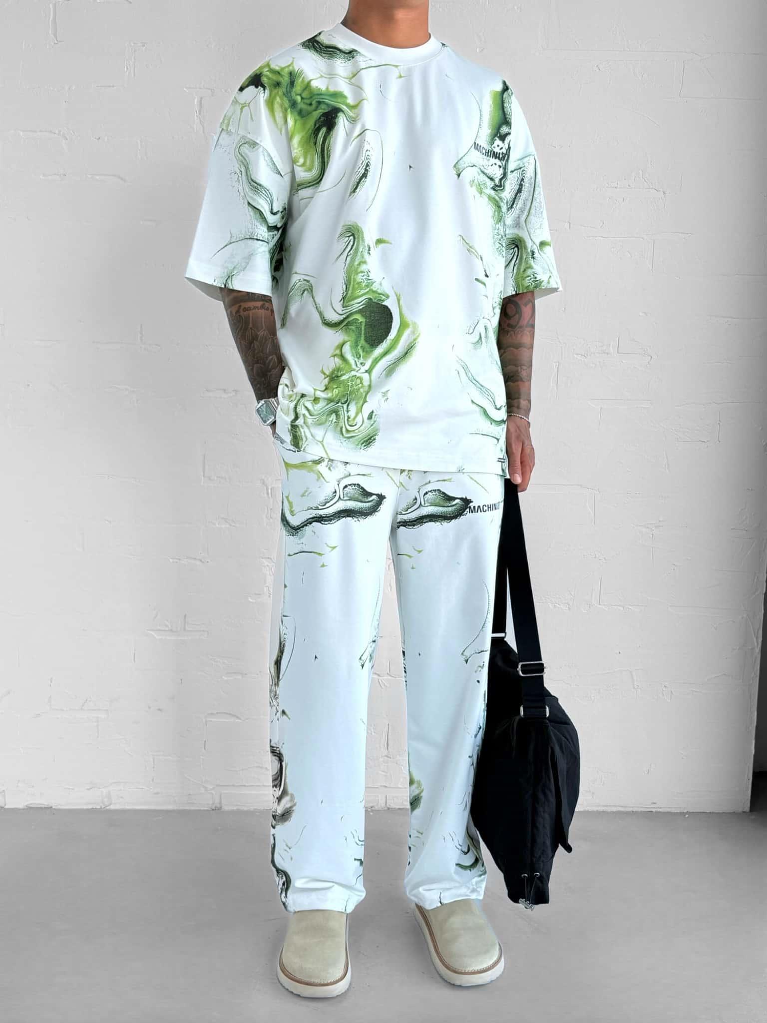 Erkek Oversize Desen Baskılı Premium T-Shirt Beyaz