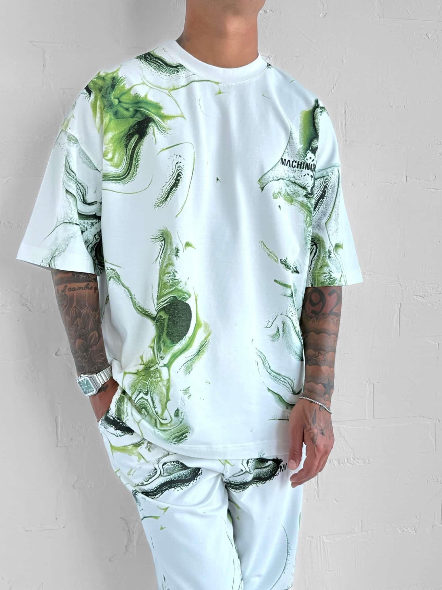 Erkek Oversize Desen Baskılı Premium T-Shirt Beyaz