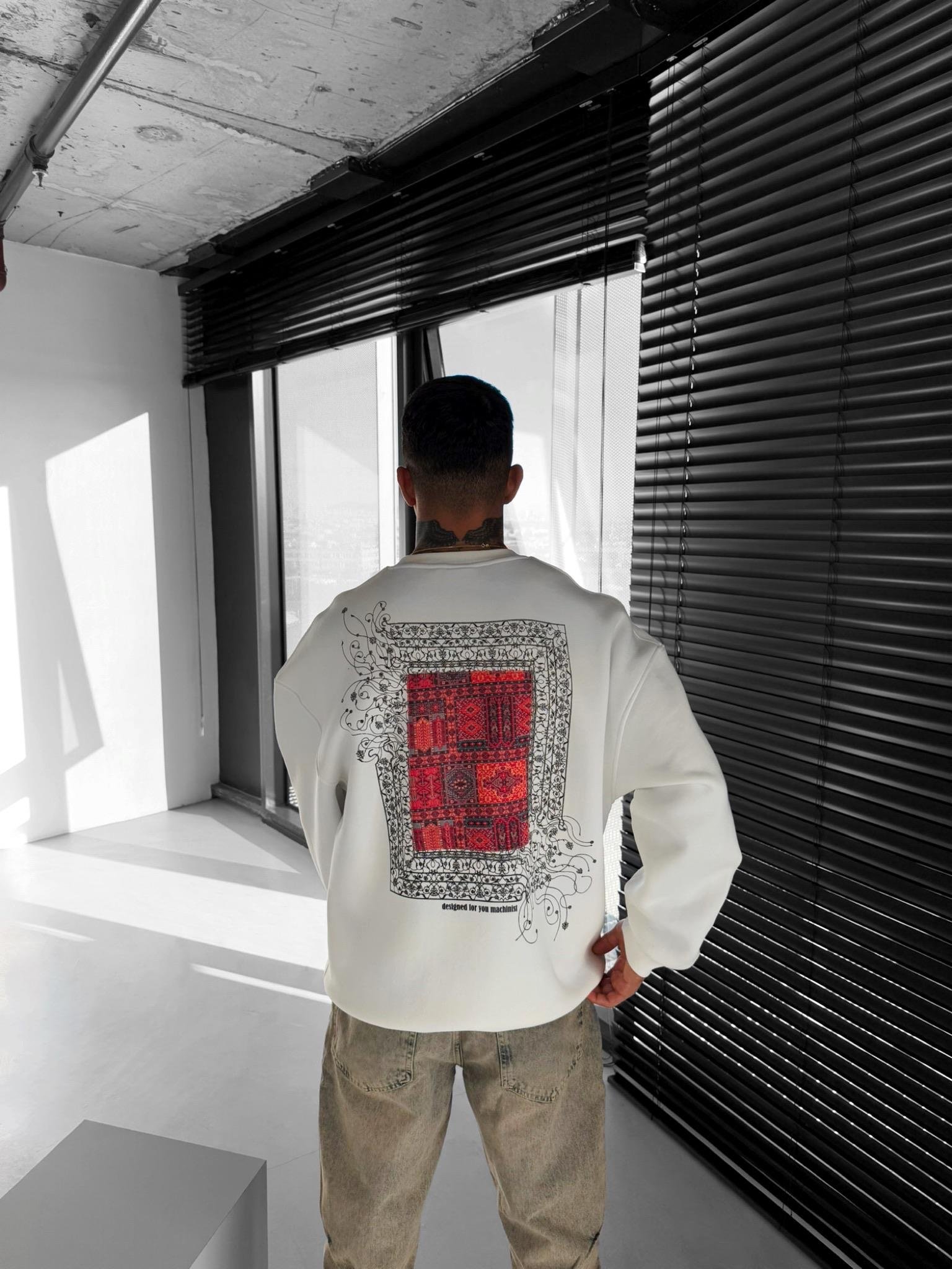 Erkek Oversize Desen Yamalı Sweatshirt Ekru