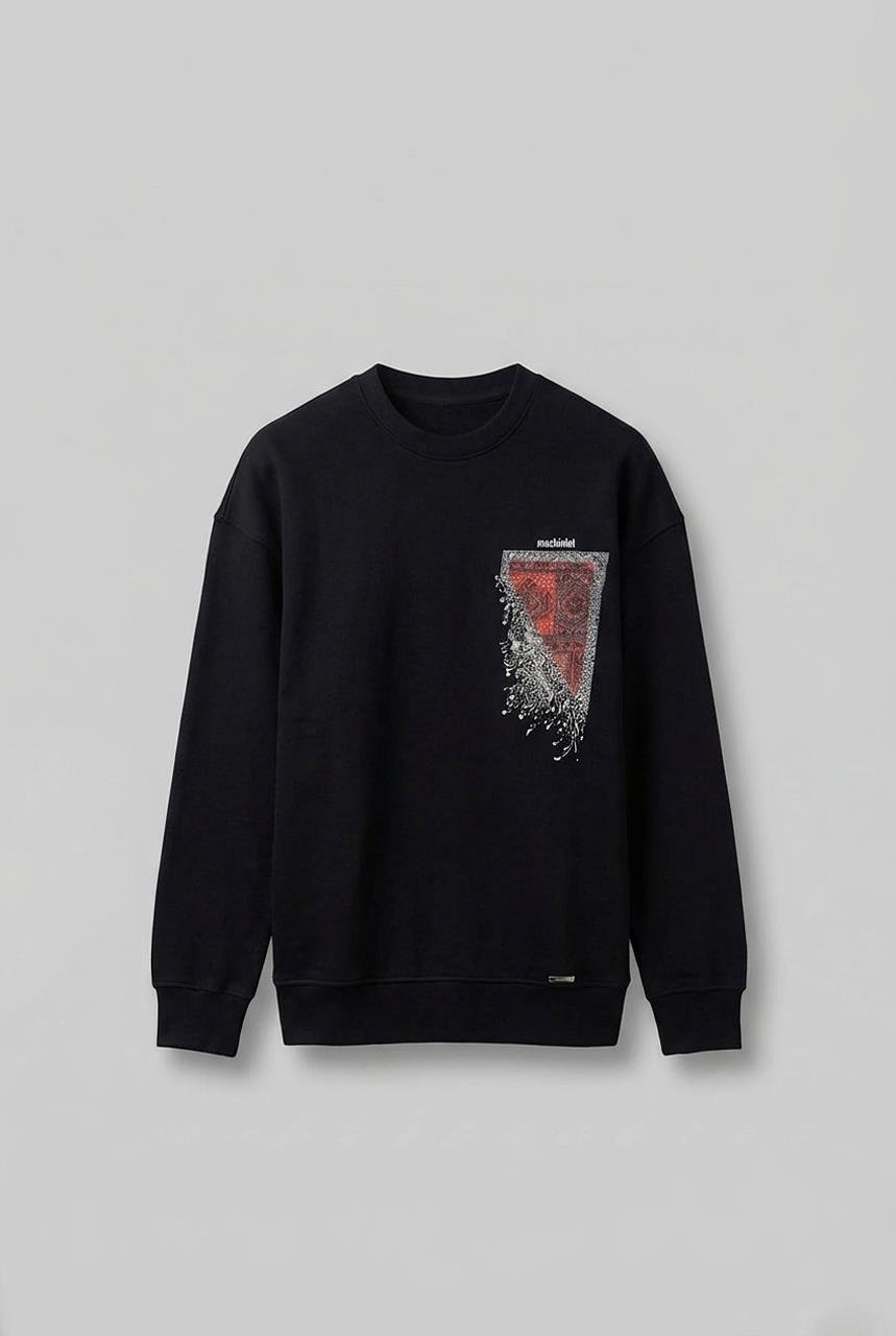 Erkek Oversize Desen Yamalı Sweatshirt Siyah