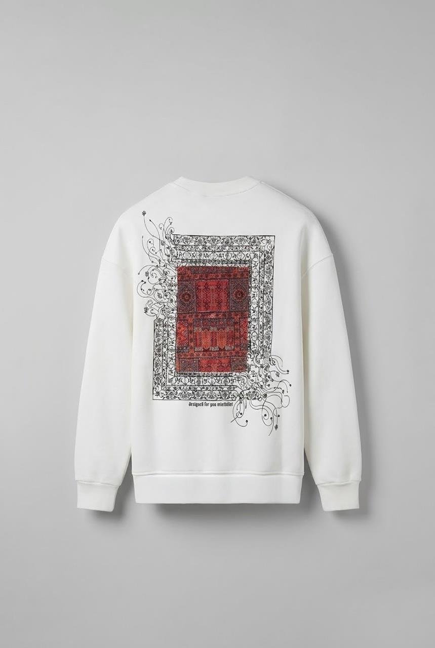 Erkek Oversize Desen Yamalı Sweatshirt Ekru