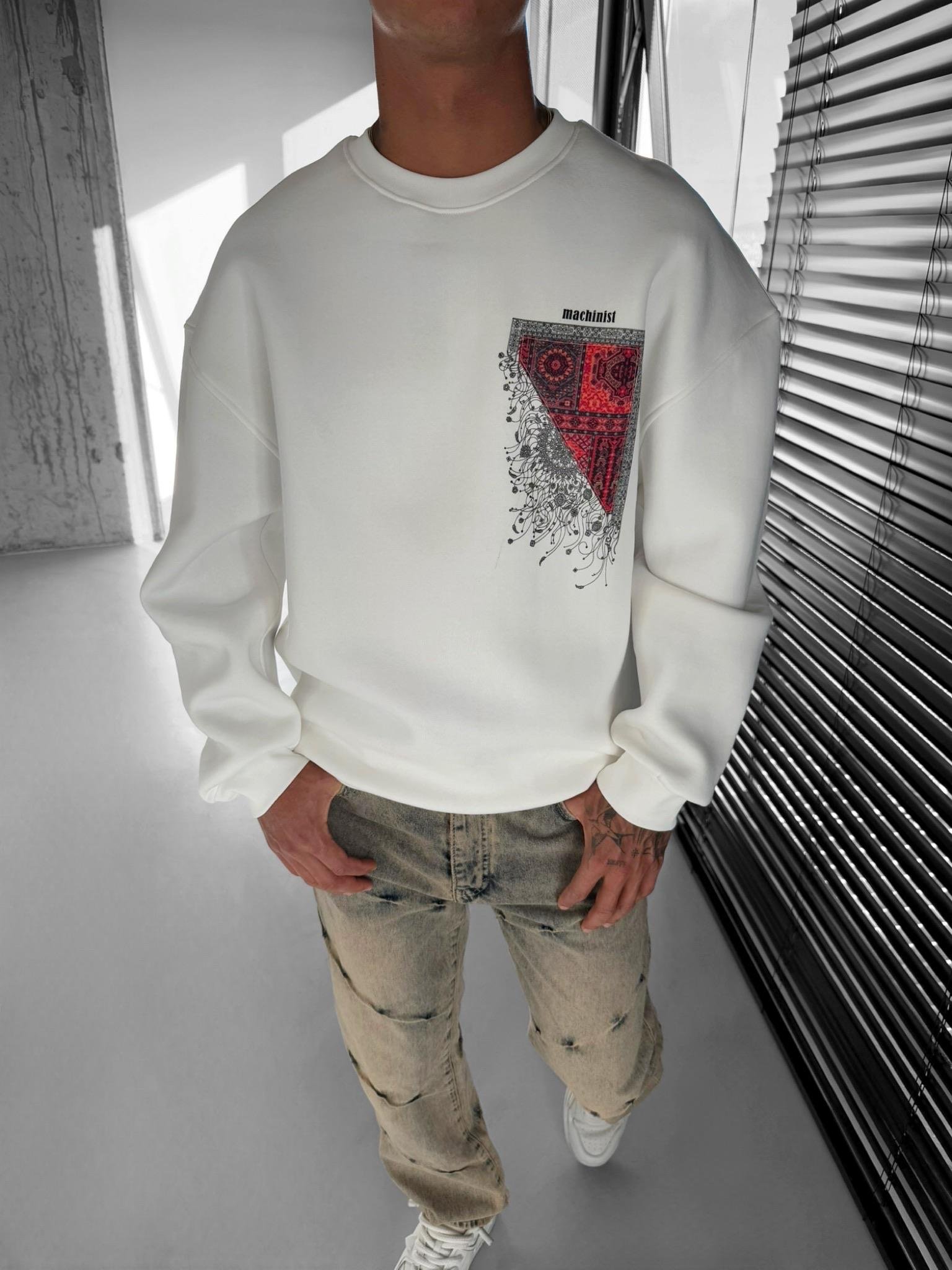 Erkek Oversize Desen Yamalı Sweatshirt Ekru