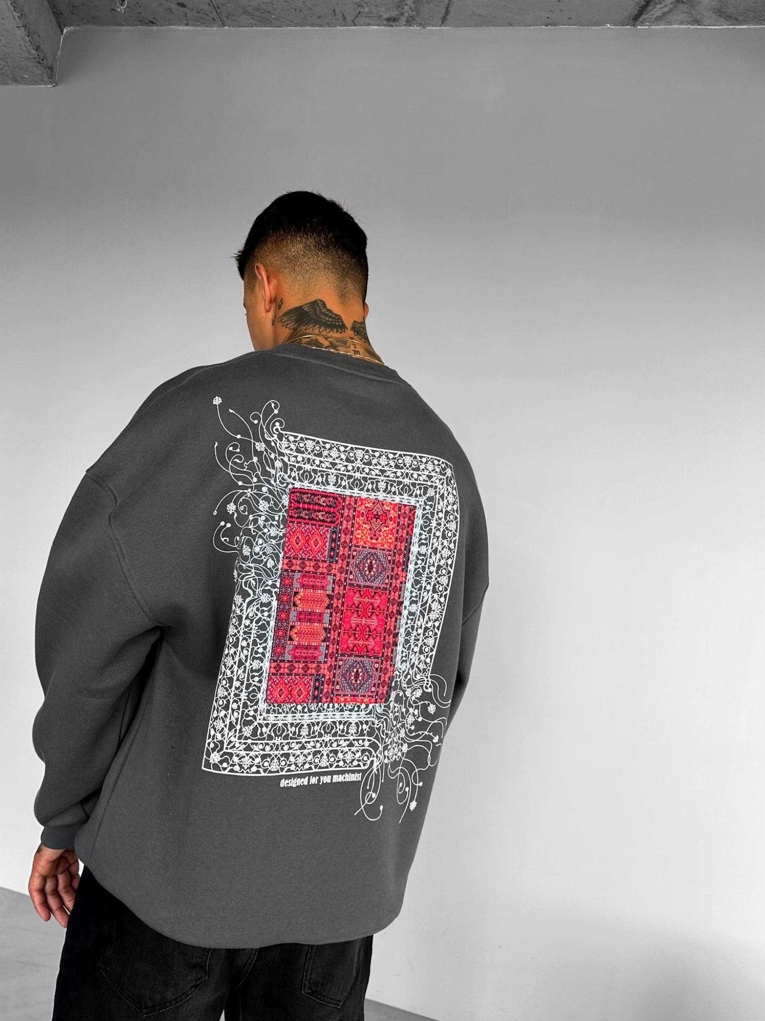 Erkek Oversize Desen Yamalı Sweatshirt Antrasit