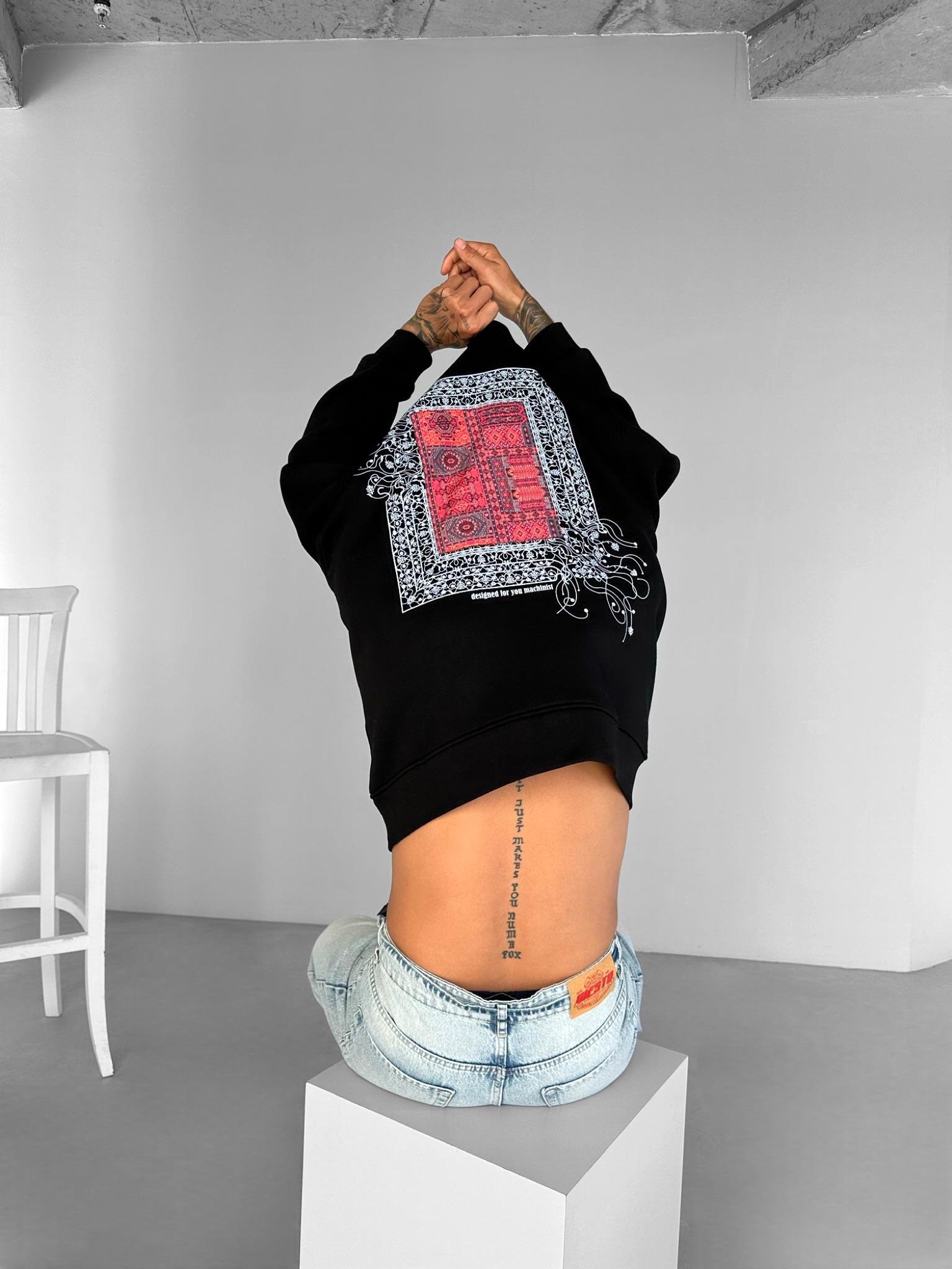 Erkek Oversize Desen Yamalı Sweatshirt Siyah