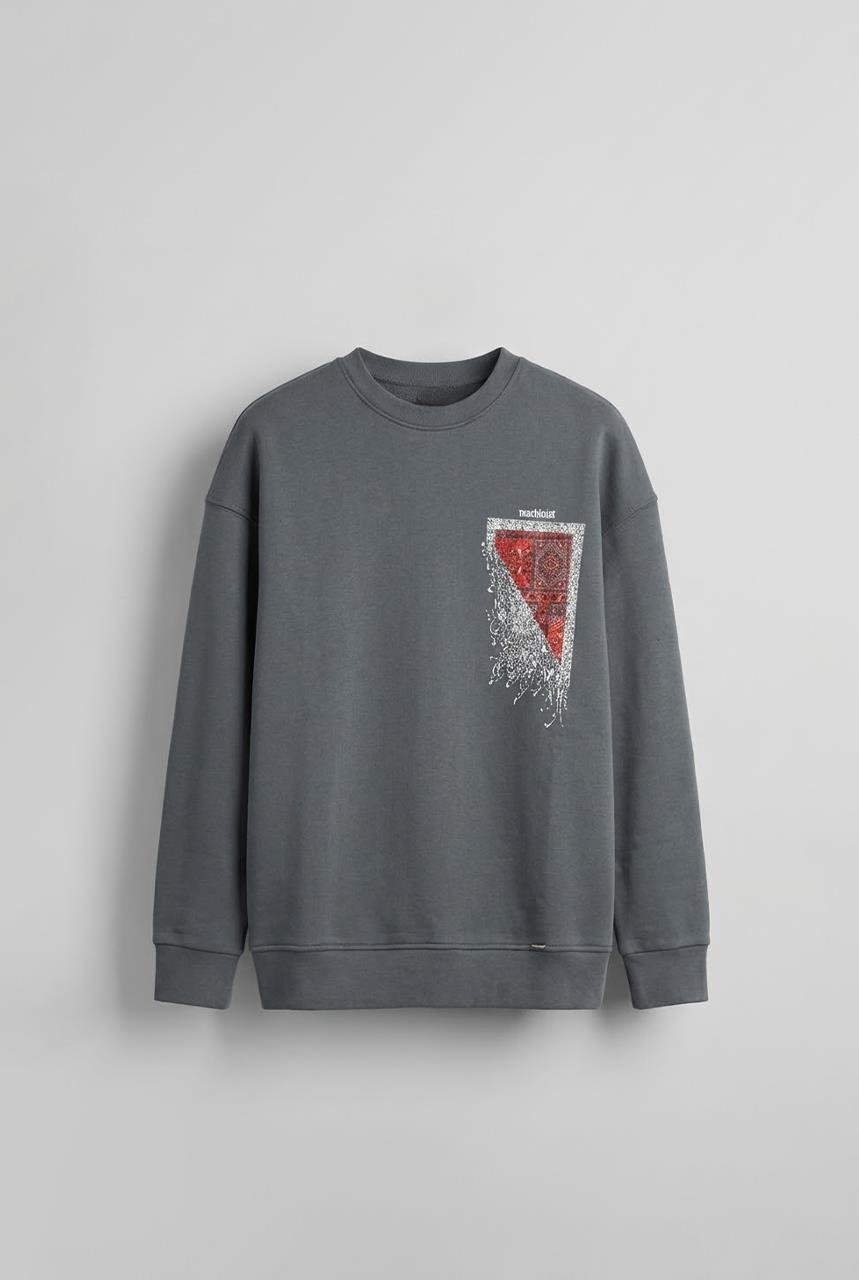 Erkek Oversize Desen Yamalı Sweatshirt Antrasit