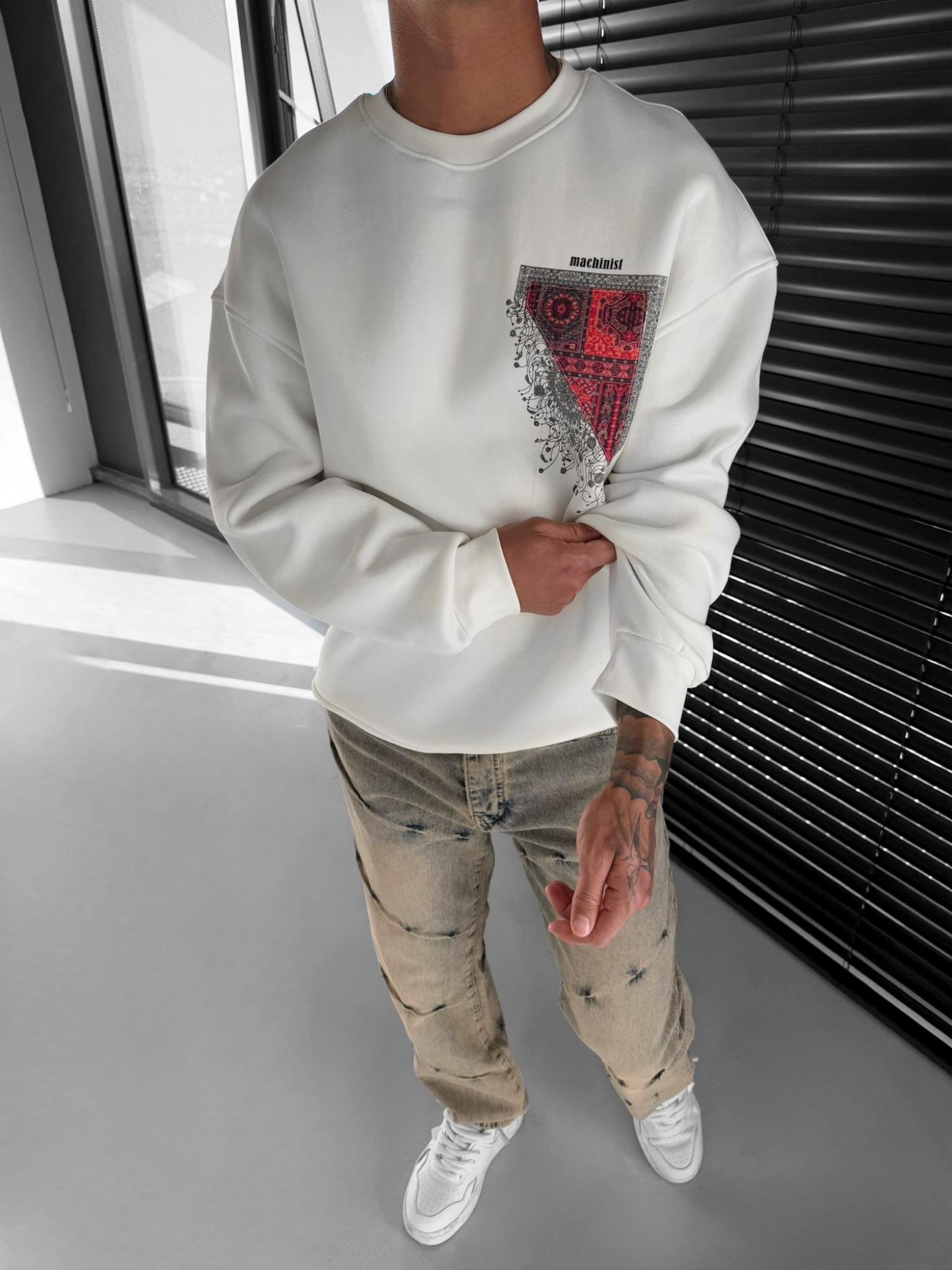 Erkek Oversize Desen Yamalı Sweatshirt Ekru