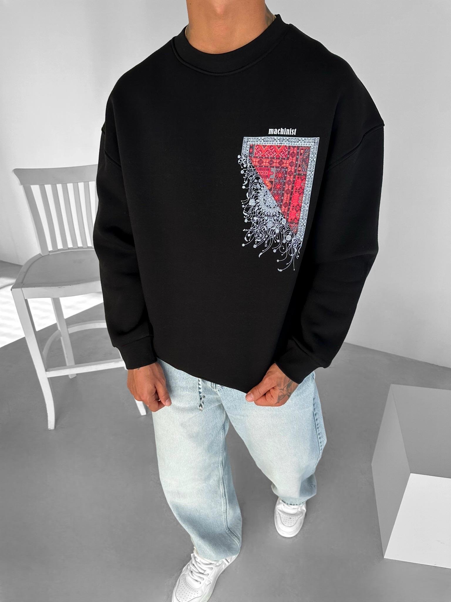 Erkek Oversize Desen Yamalı Sweatshirt Siyah