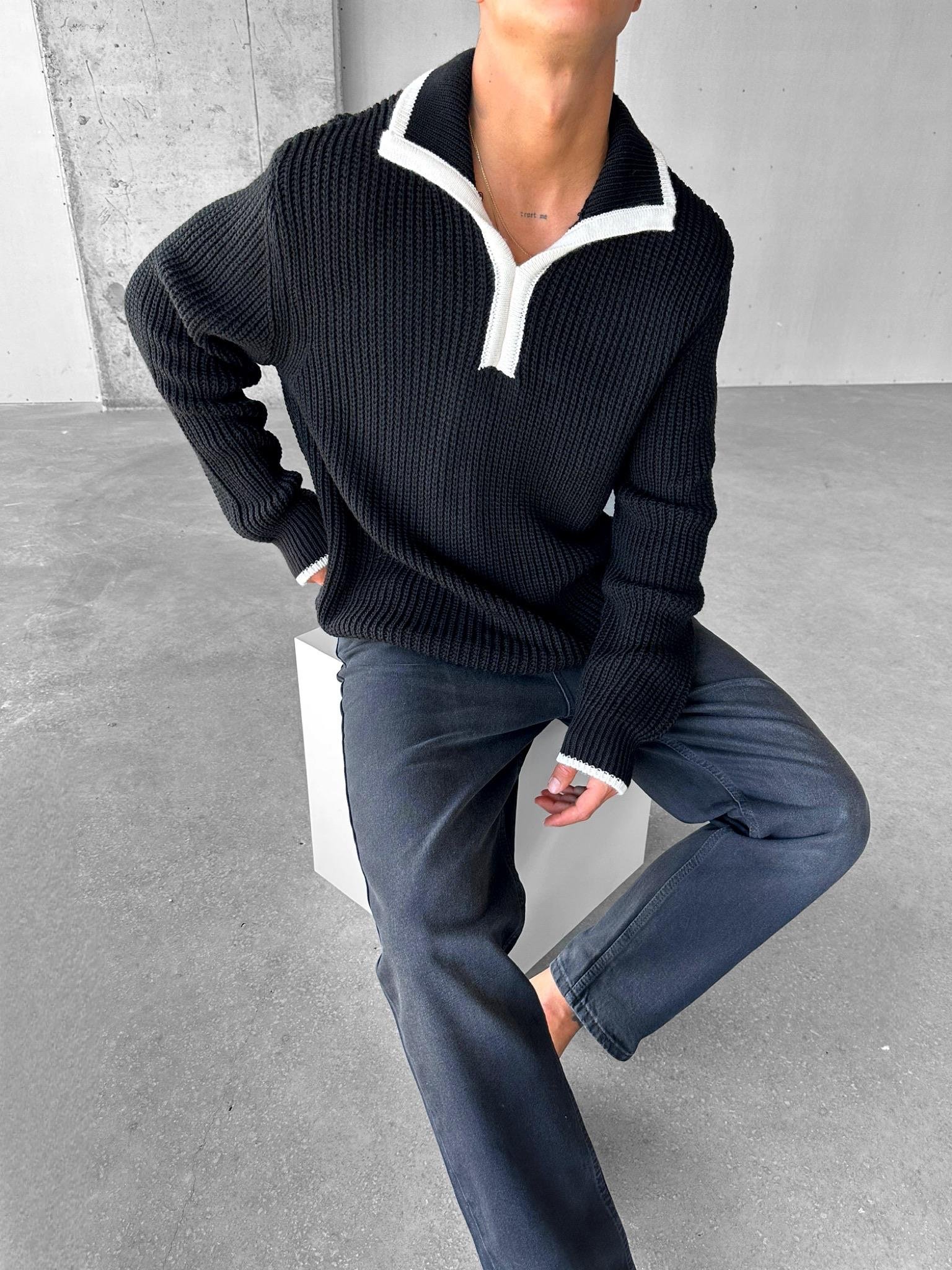 Erkek Oversize Desenli Dik Yakalı Ağır Kazak Siyah