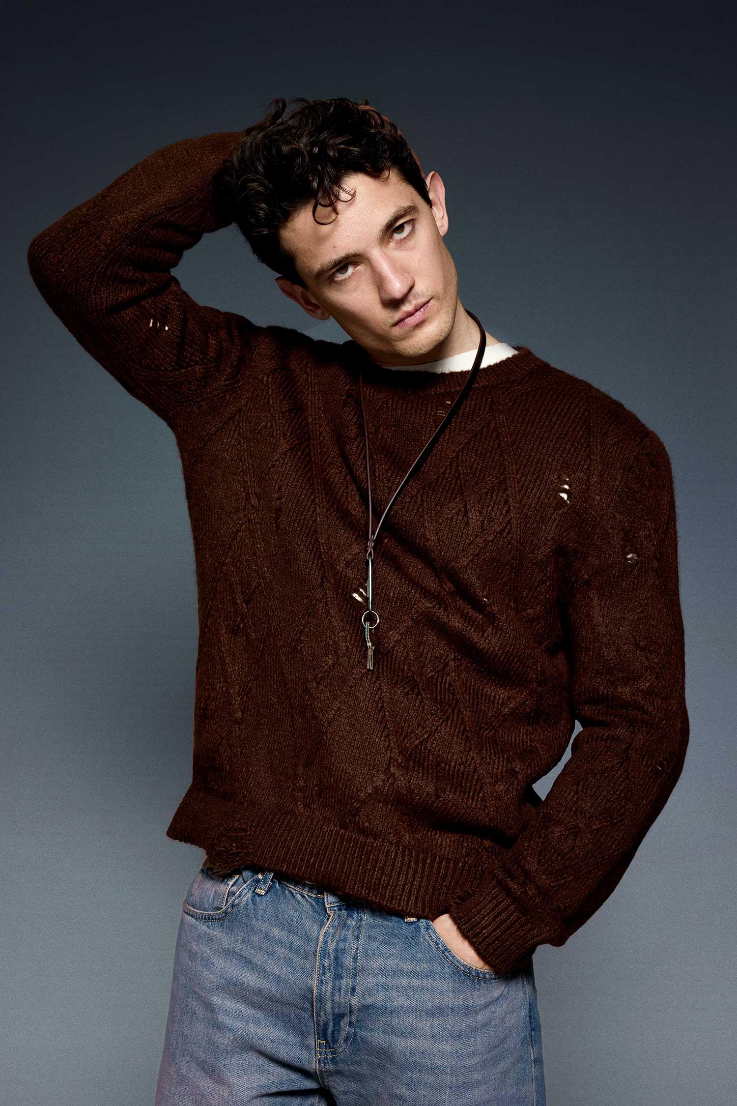 Erkek Oversize Desenli Triko Kazak Kahverengi