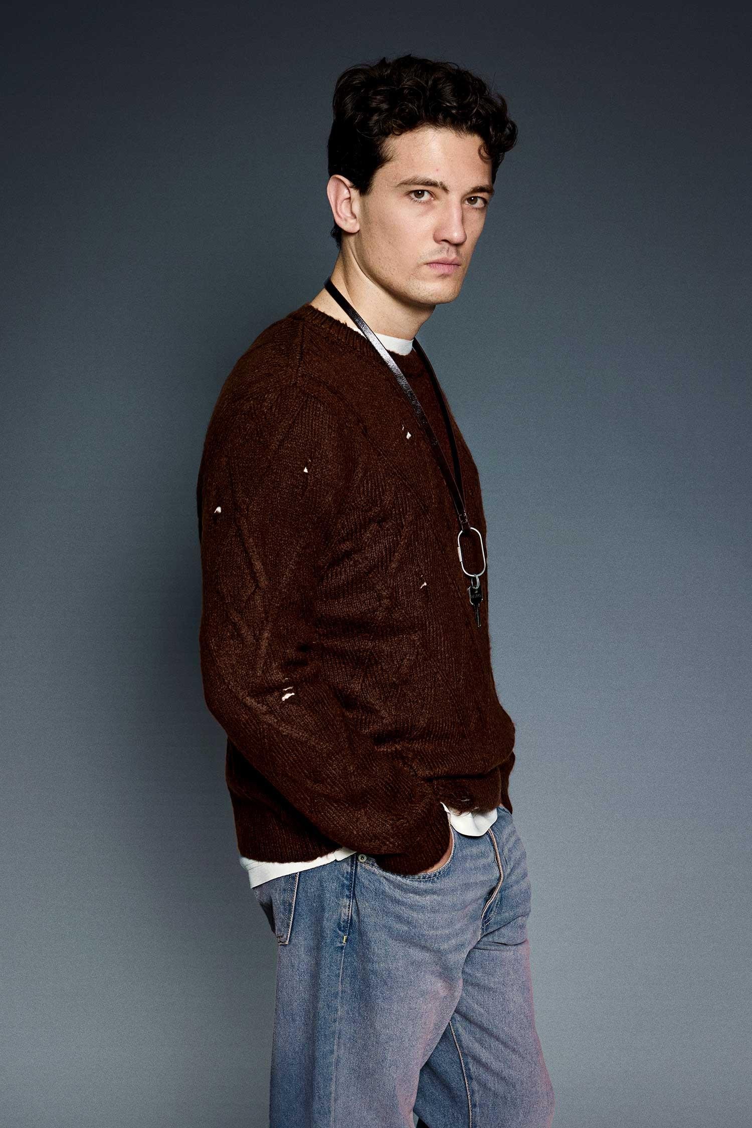 Erkek Oversize Desenli Triko Kazak Kahverengi