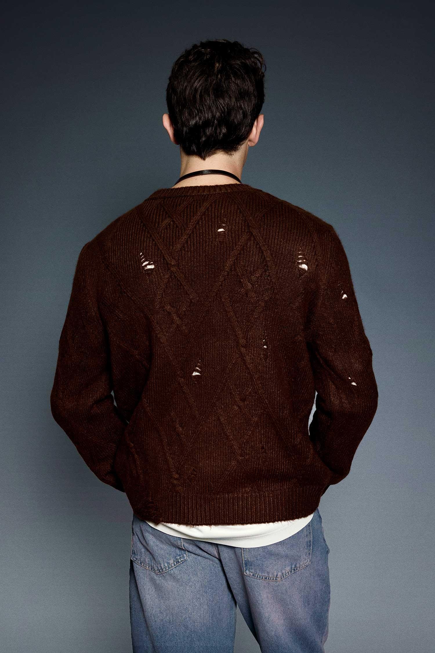 Erkek Oversize Desenli Triko Kazak Kahverengi