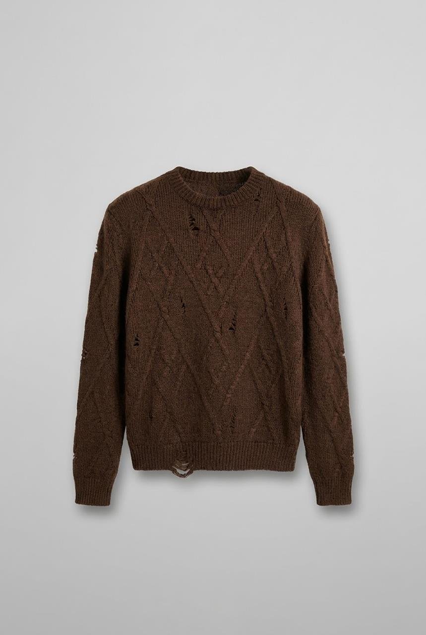 Erkek Oversize Desenli Triko Kazak Kahverengi