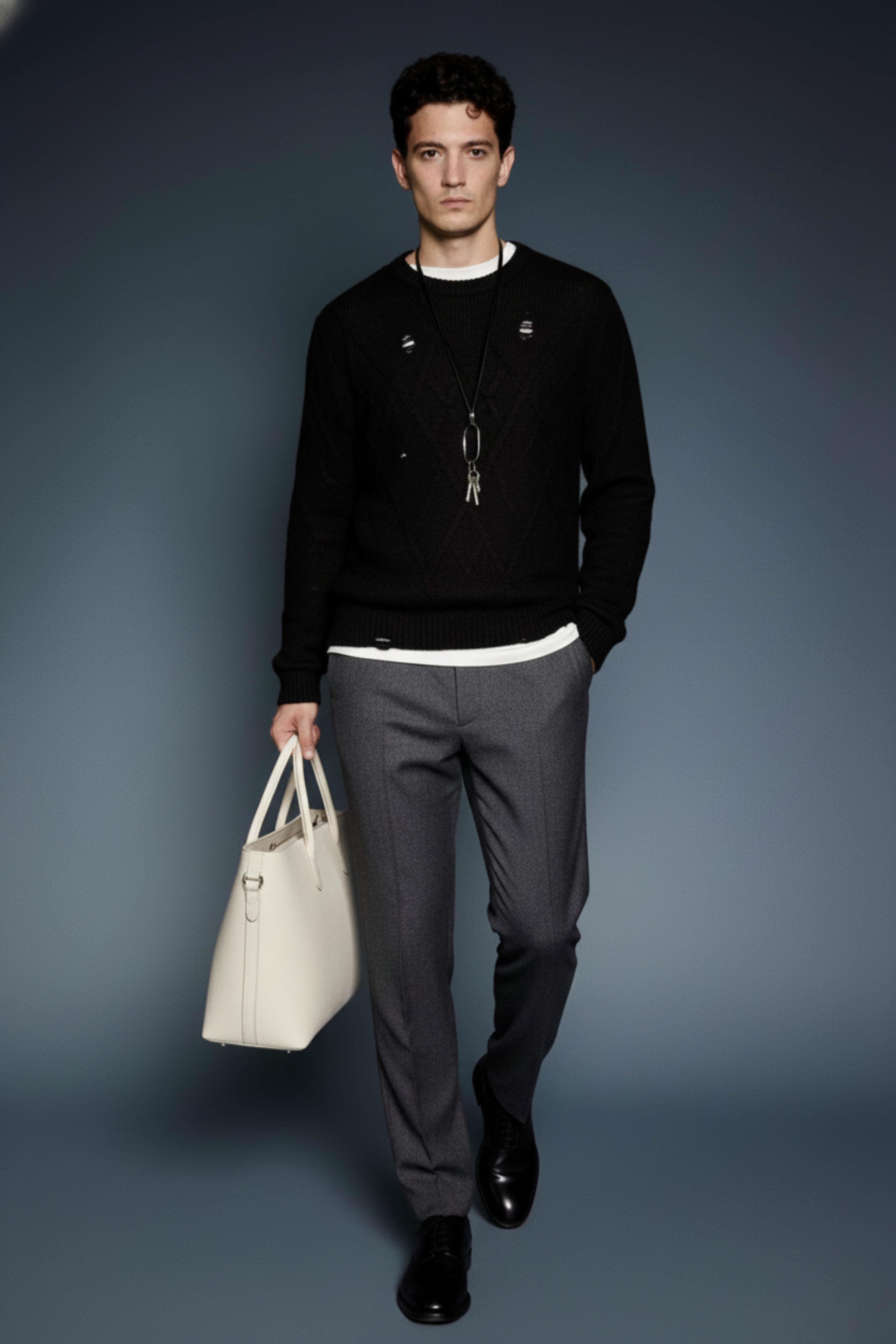 Erkek Oversize Desenli Triko Kazak Siyah