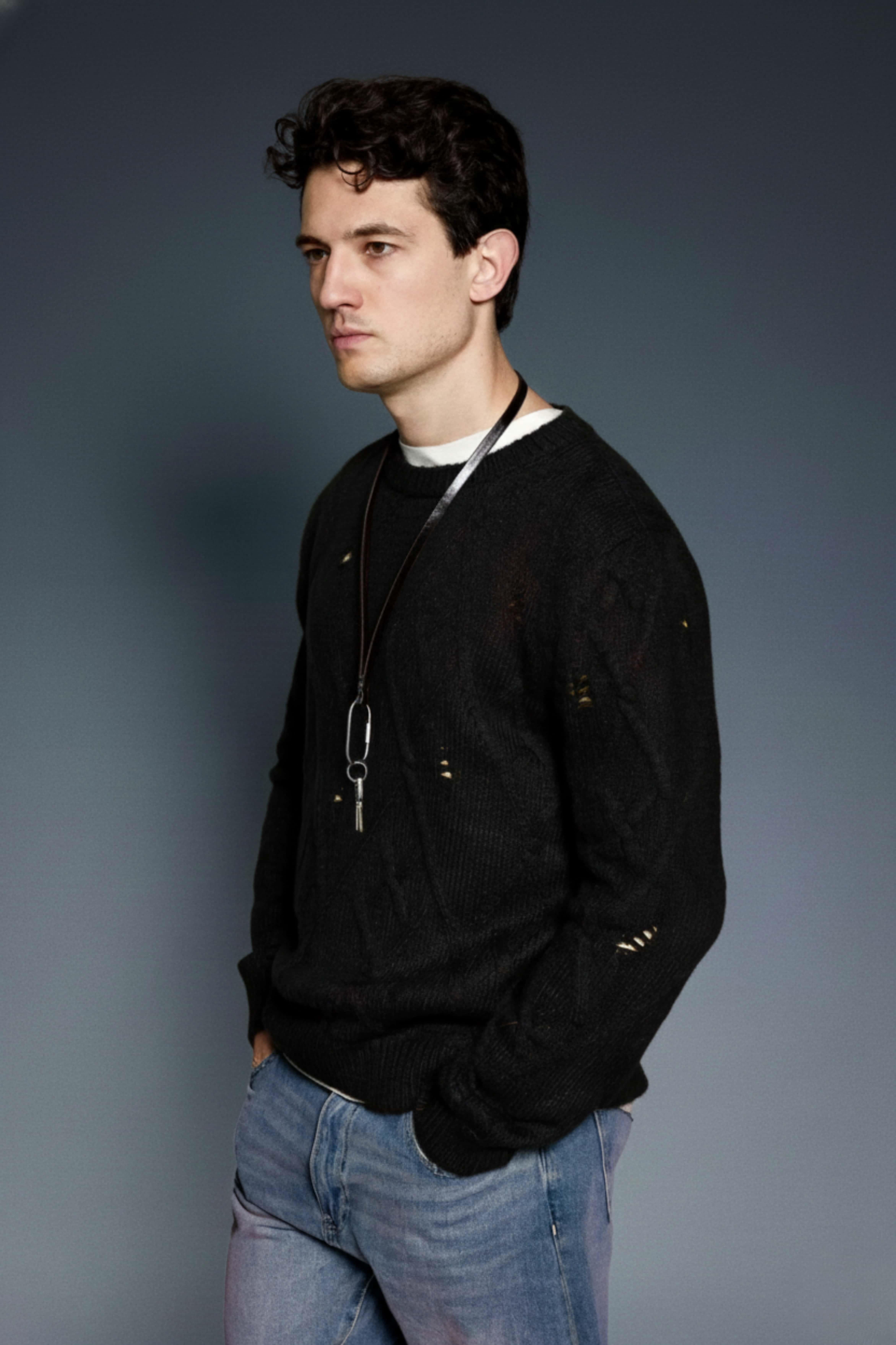 Erkek Oversize Desenli Triko Kazak Siyah