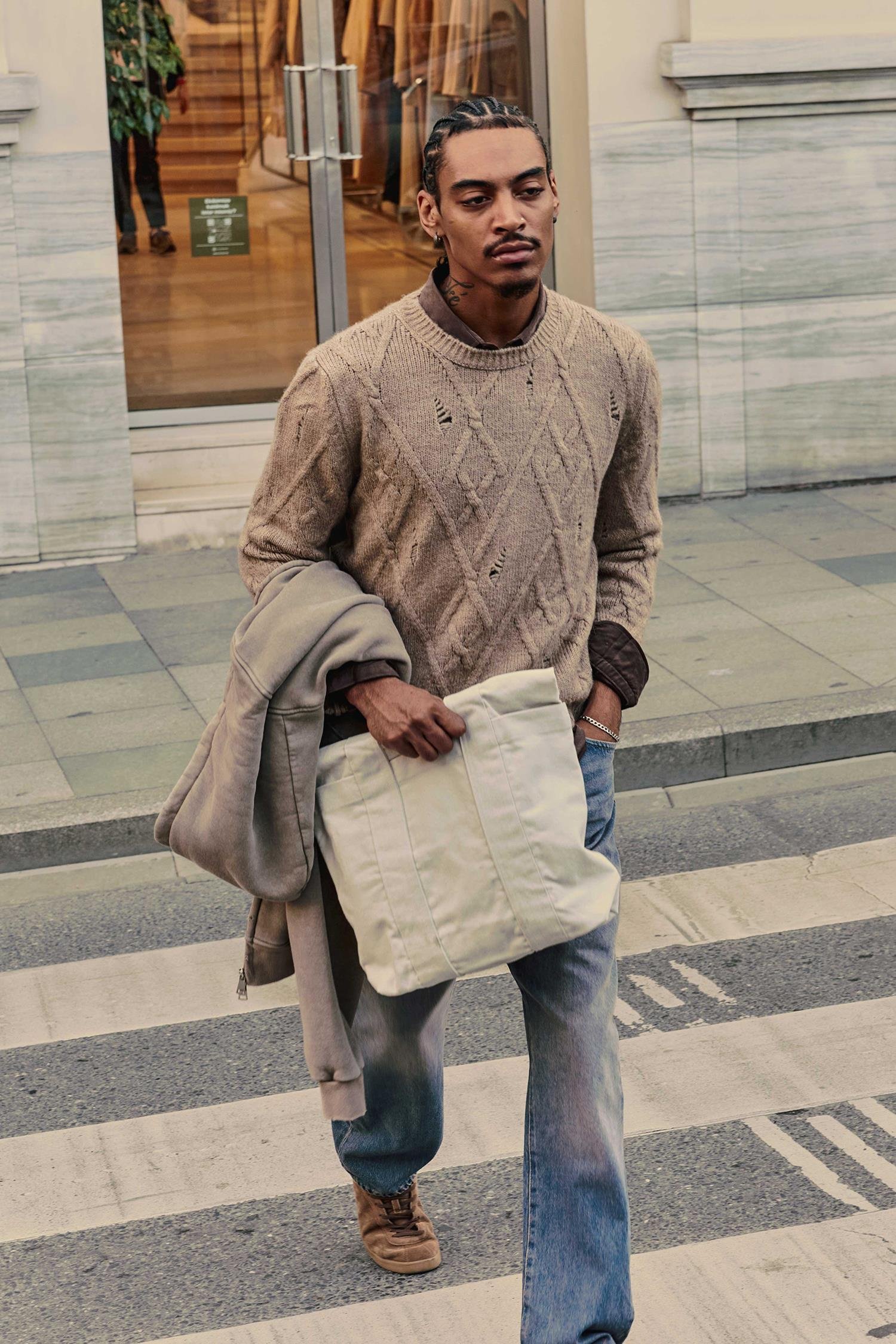 Erkek Oversize Desenli Triko Kazak Taş