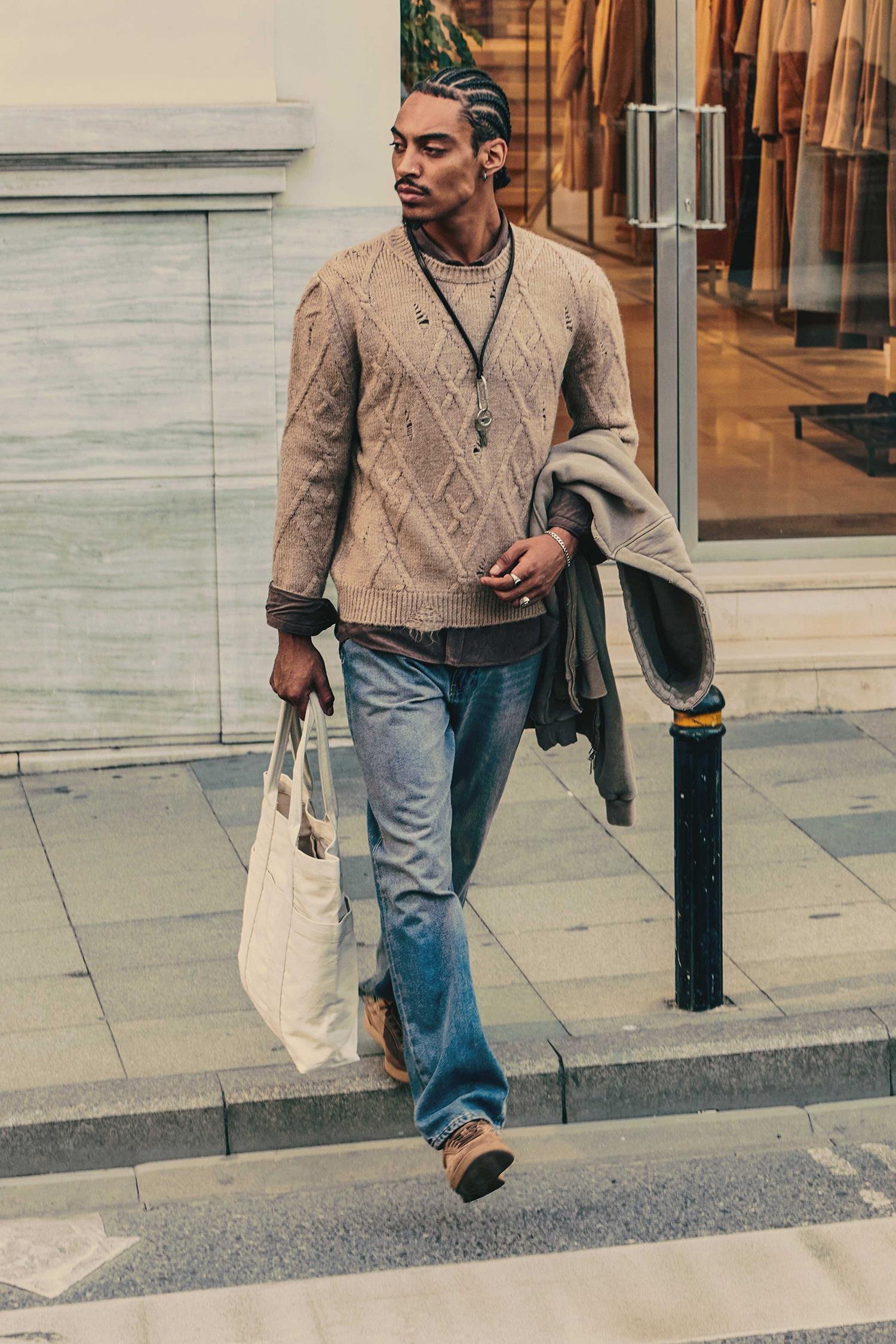 Erkek Oversize Desenli Triko Kazak Taş