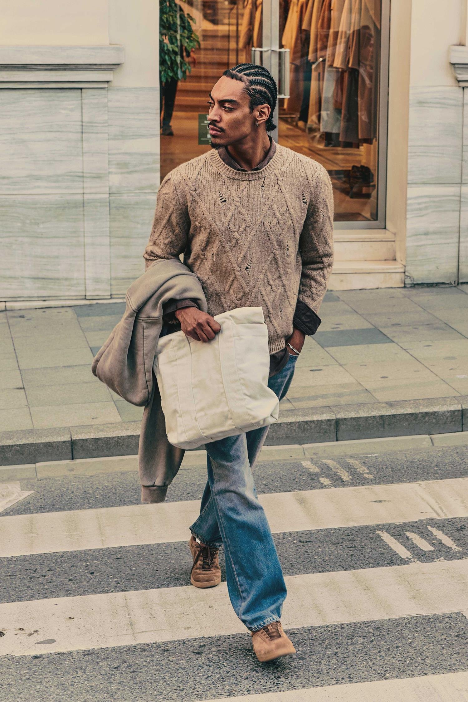 Erkek Oversize Desenli Triko Kazak Taş