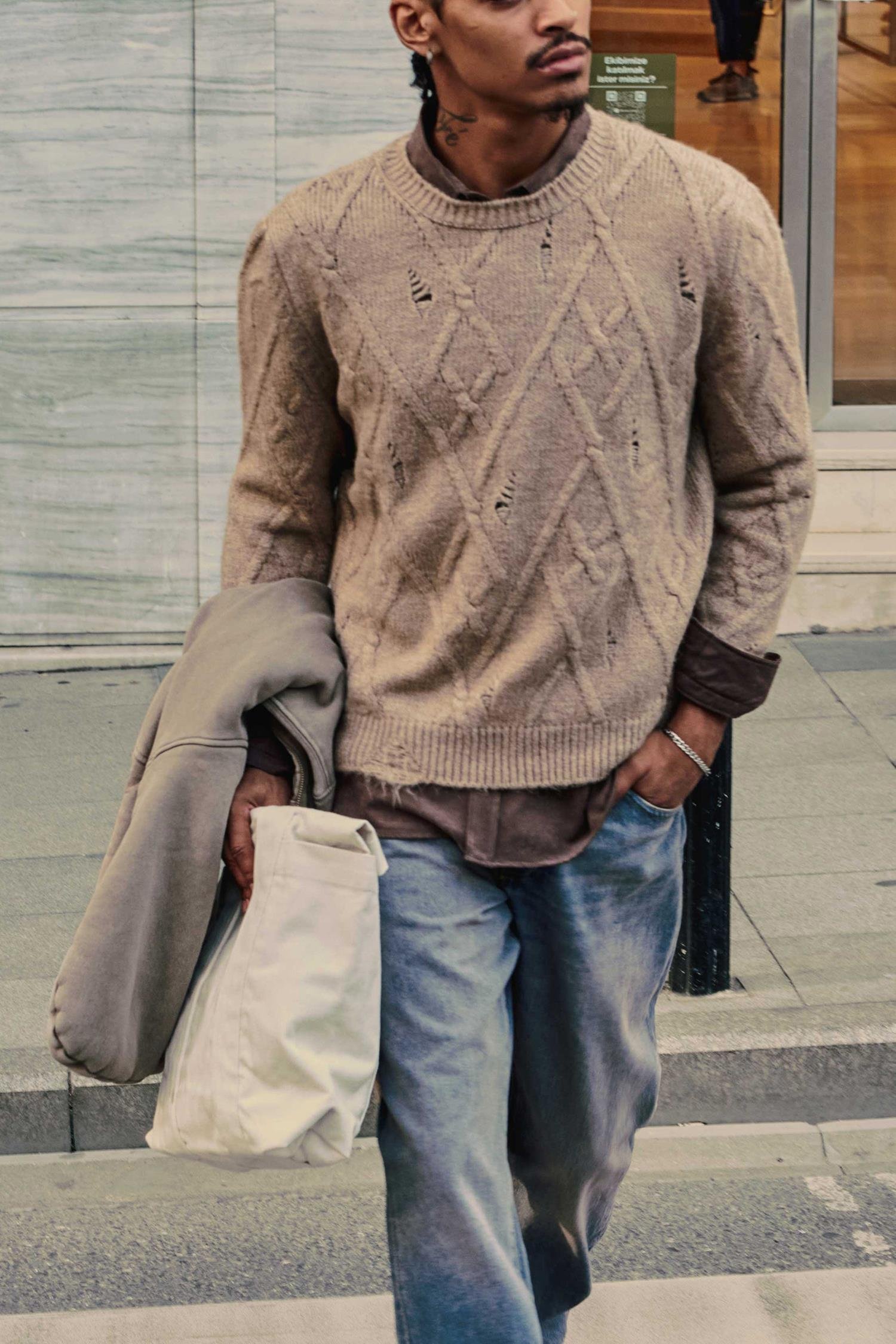 Erkek Oversize Desenli Triko Kazak Taş