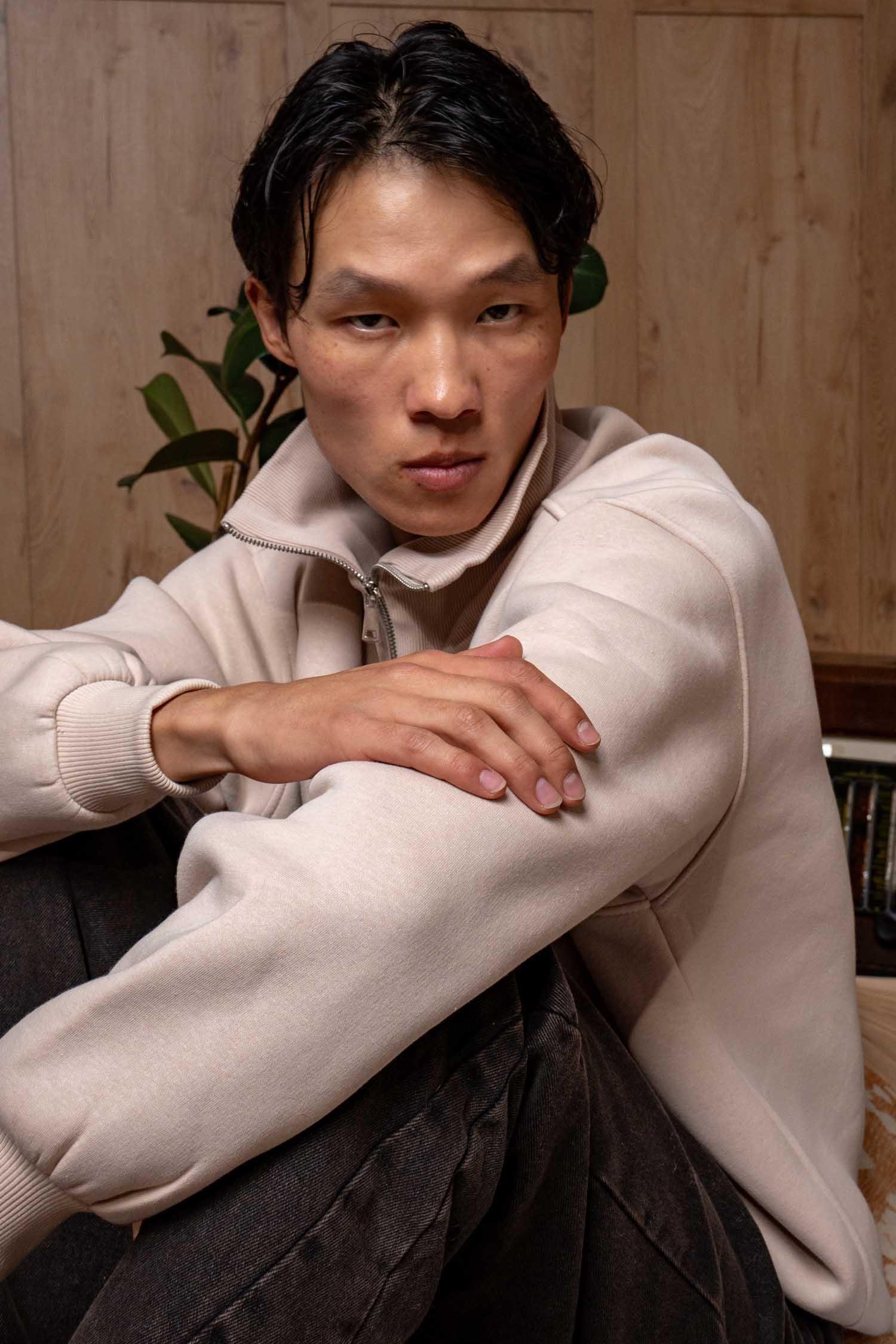 Erkek Oversize Dik Yaka Yarım Fermuarlı Sweatshirt Bej