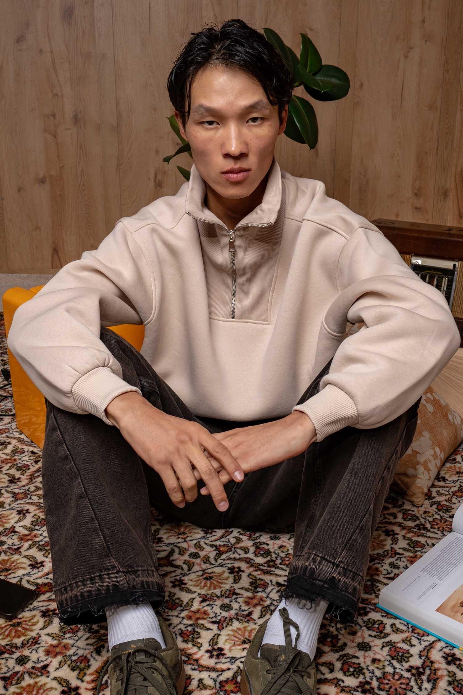 Erkek Oversize Dik Yaka Yarım Fermuarlı Sweatshirt Bej