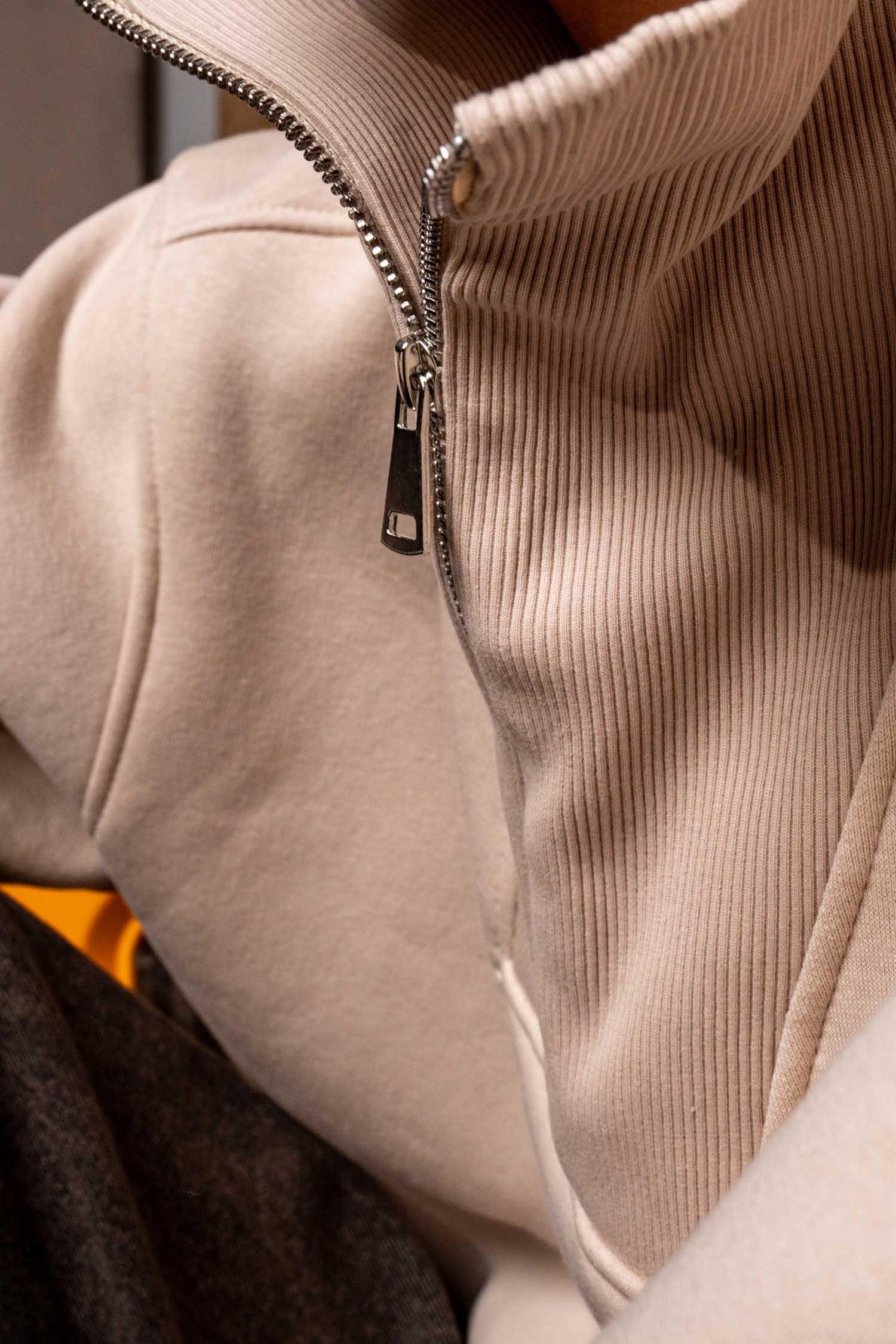 Erkek Oversize Dik Yaka Yarım Fermuarlı Sweatshirt Bej