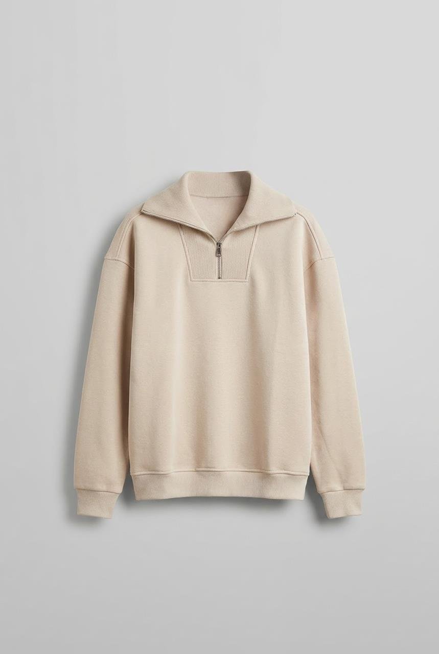 Erkek Oversize Dik Yaka Yarım Fermuarlı Sweatshirt Bej