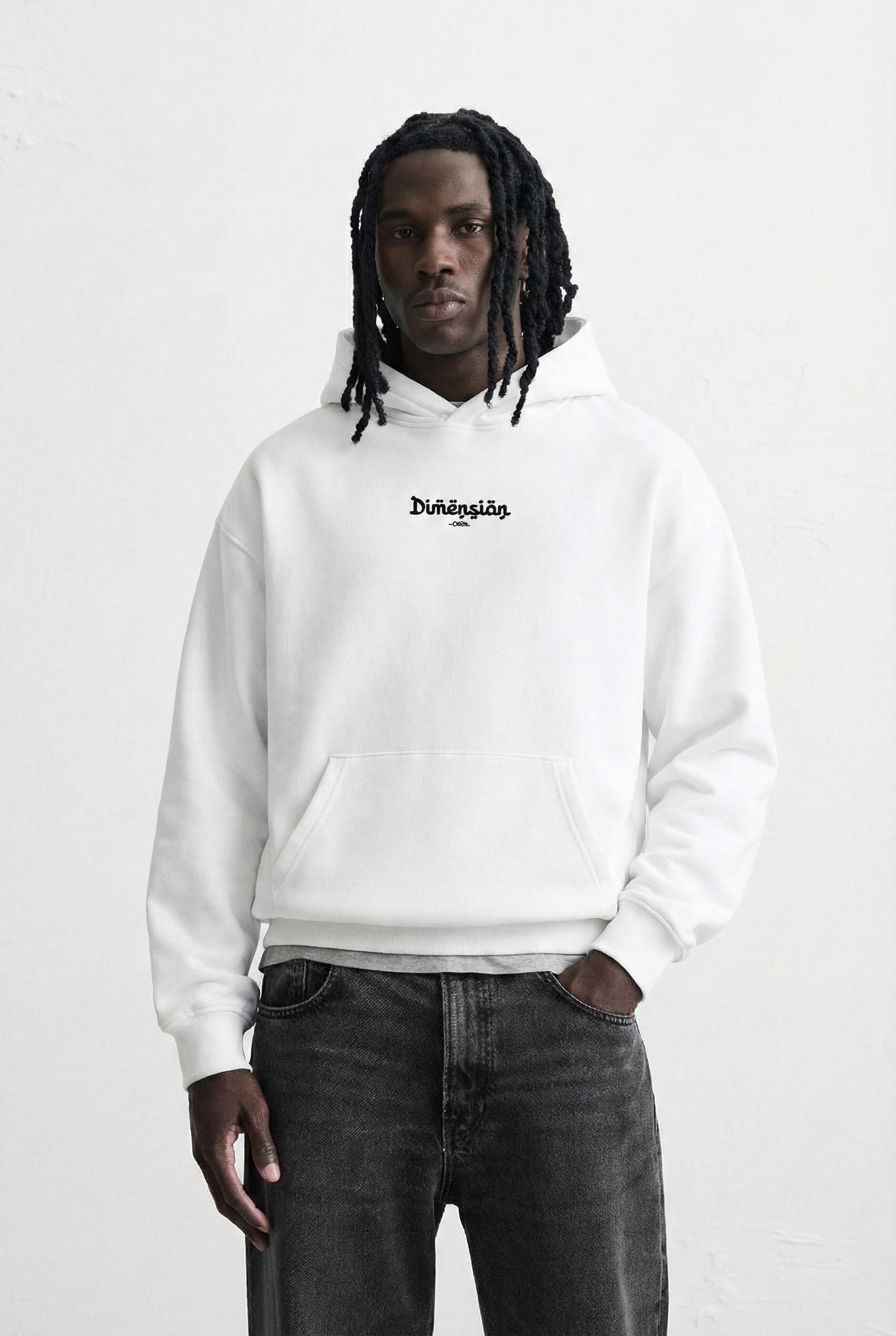 Erkek Oversize Dimension Baskılı Premium Kapüşonlu Sweatshirt Ekru Siyah