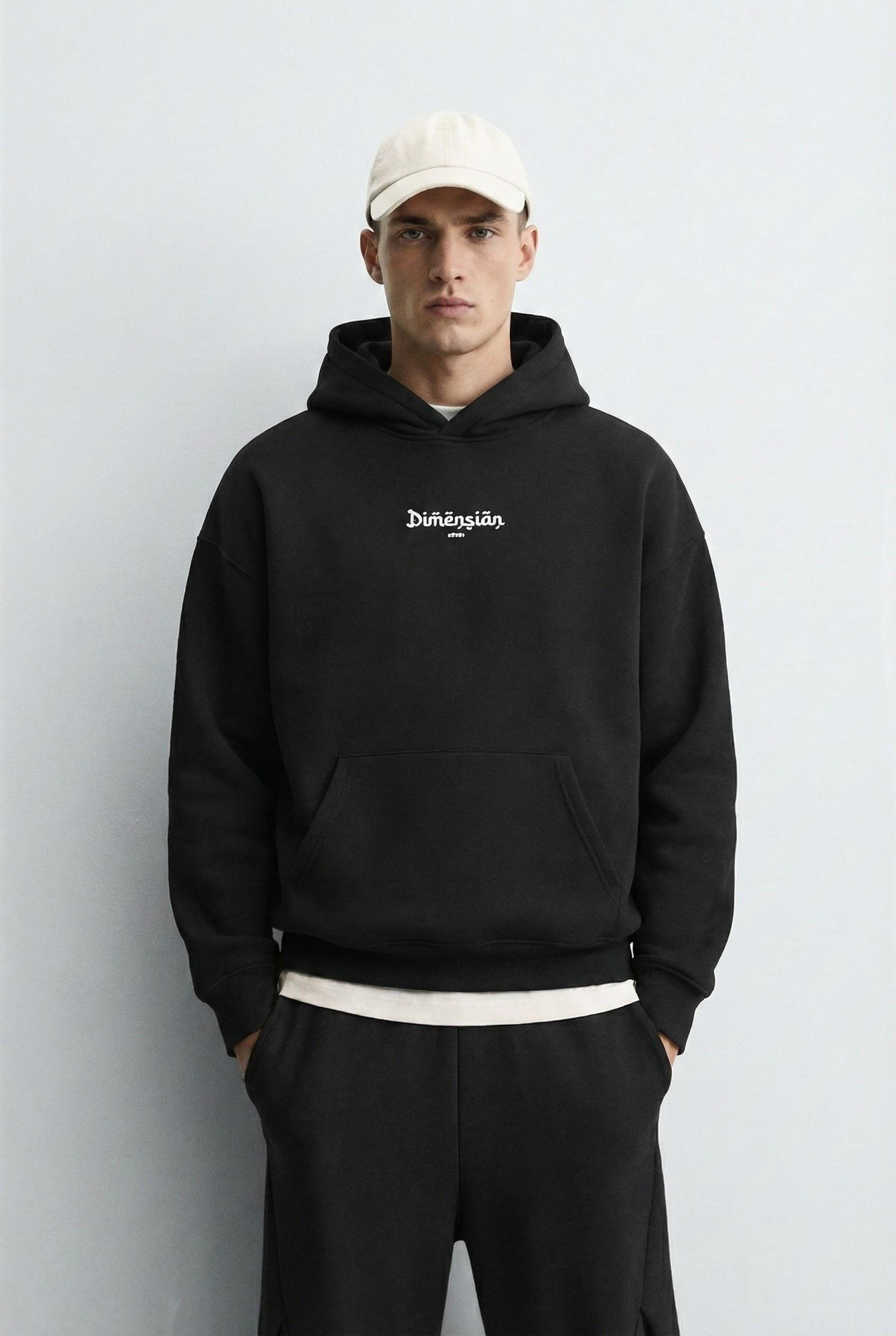 Erkek Oversize Dimension Baskılı Premium Kapüşonlu Sweatshirt Siyah Saks Mavi