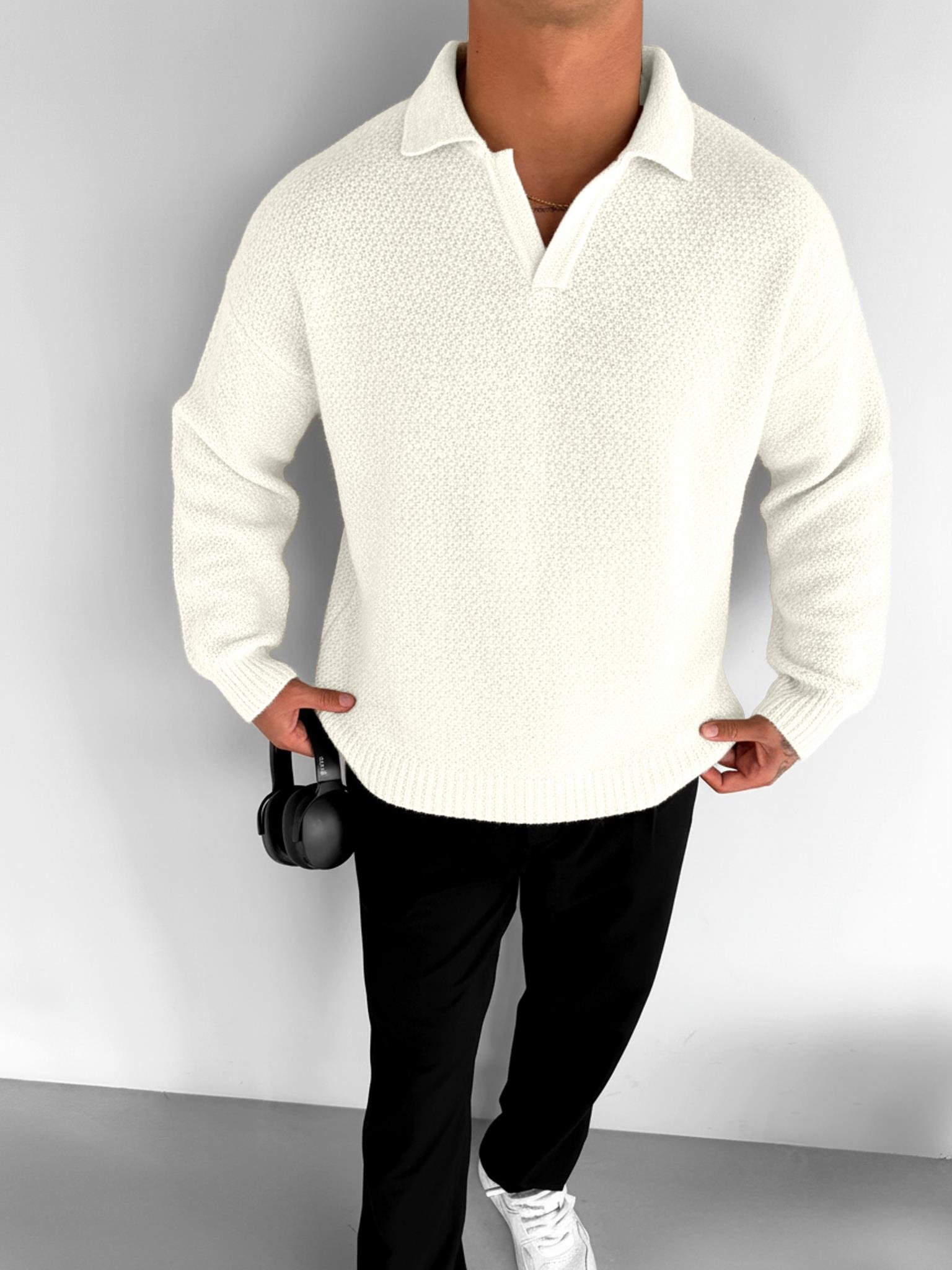 Erkek Oversize Dokulu Kazak Beyaz