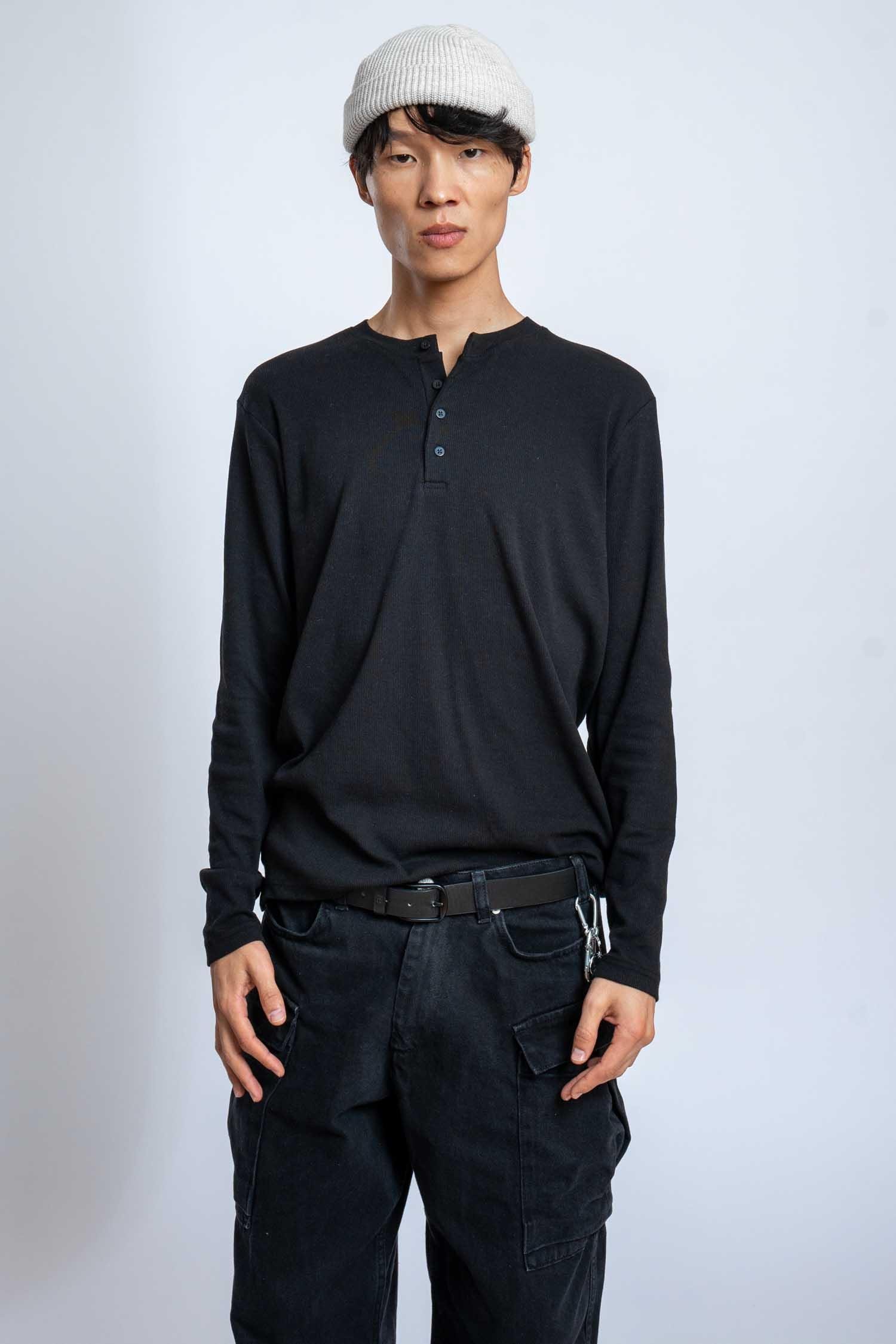 Erkek Oversize Düğmeli Basic Uzun Kollu T-shirt Siyah