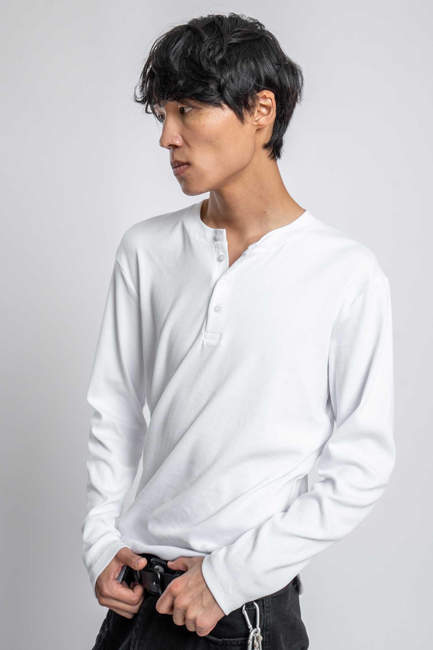 Erkek Oversize Düğmeli Basic Uzun Kollu T-shirt Ekru