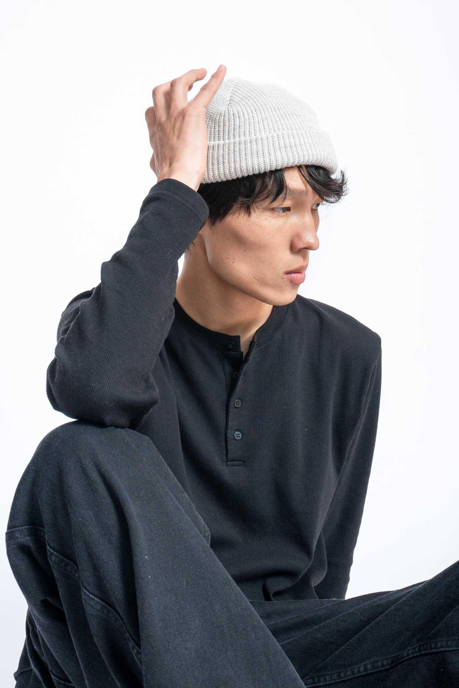 Erkek Oversize Düğmeli Basic Uzun Kollu T-shirt Siyah