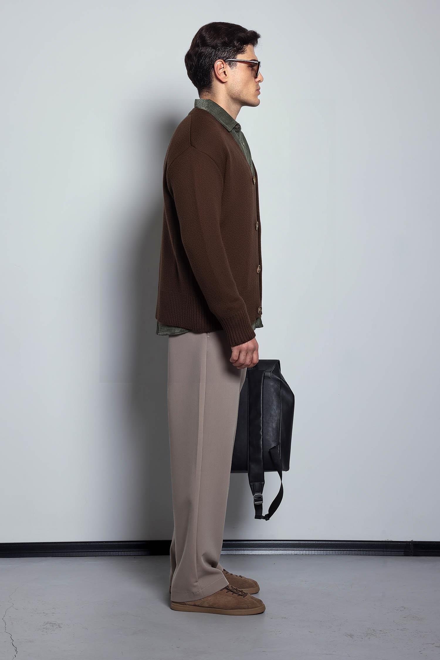 Erkek Oversize Düğmeli Hırka Kahverengi