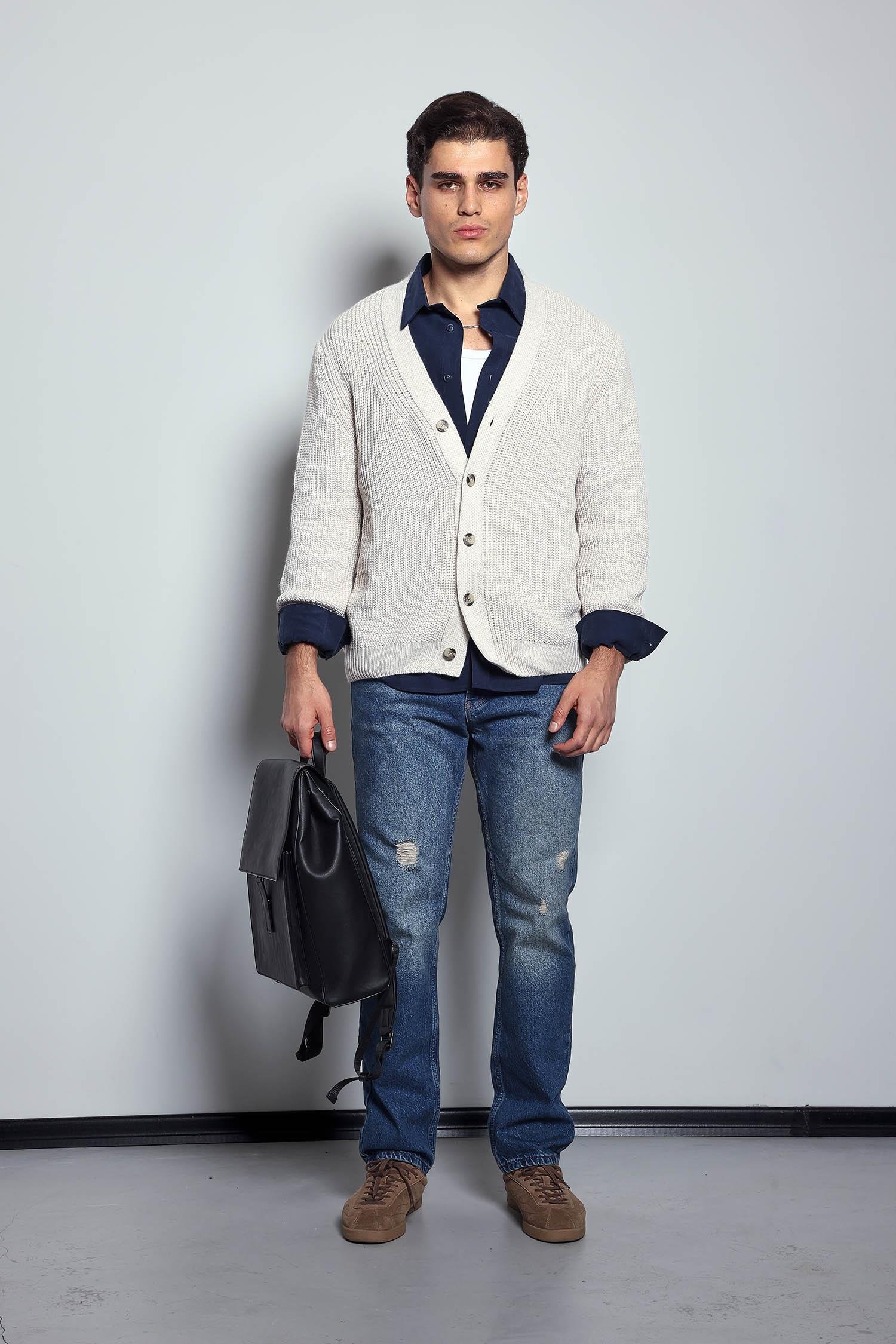 Erkek Oversize Düğmeli Triko Hırka Bej