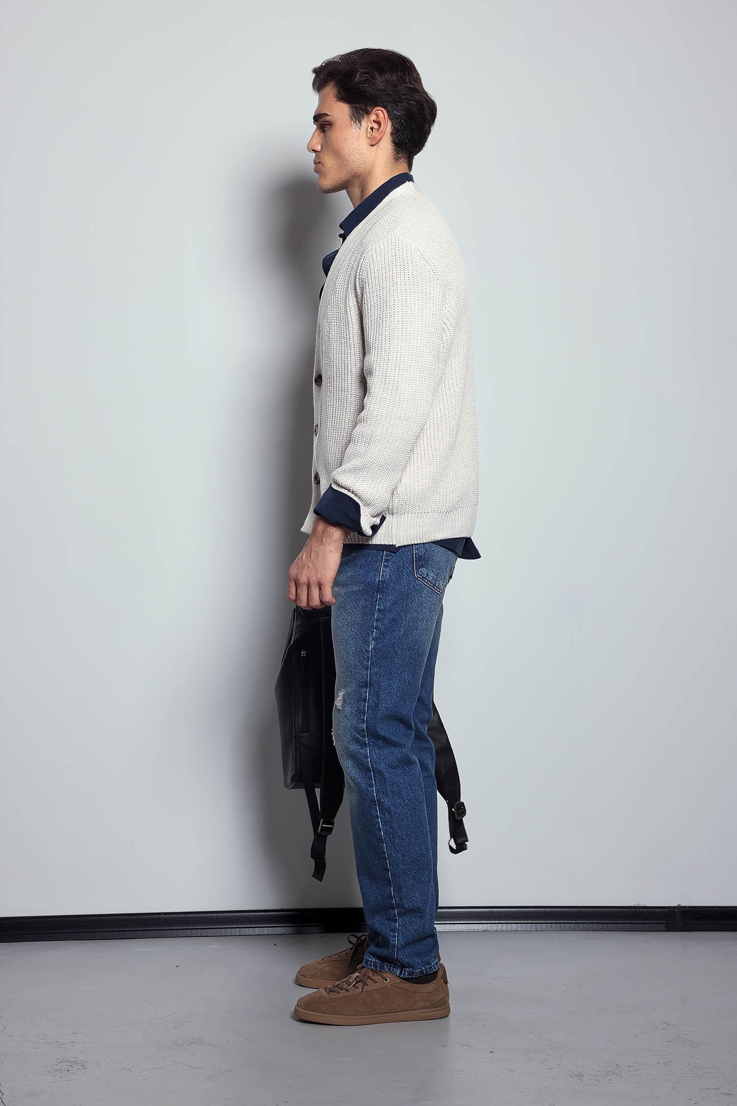 Erkek Oversize Düğmeli Triko Hırka Bej