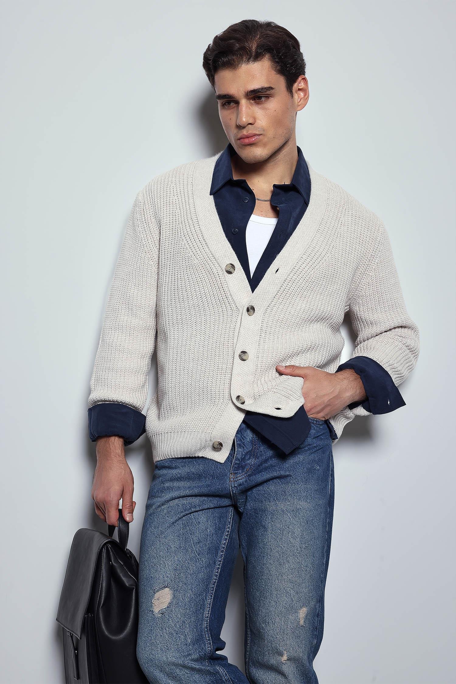 Erkek Oversize Düğmeli Triko Hırka Bej