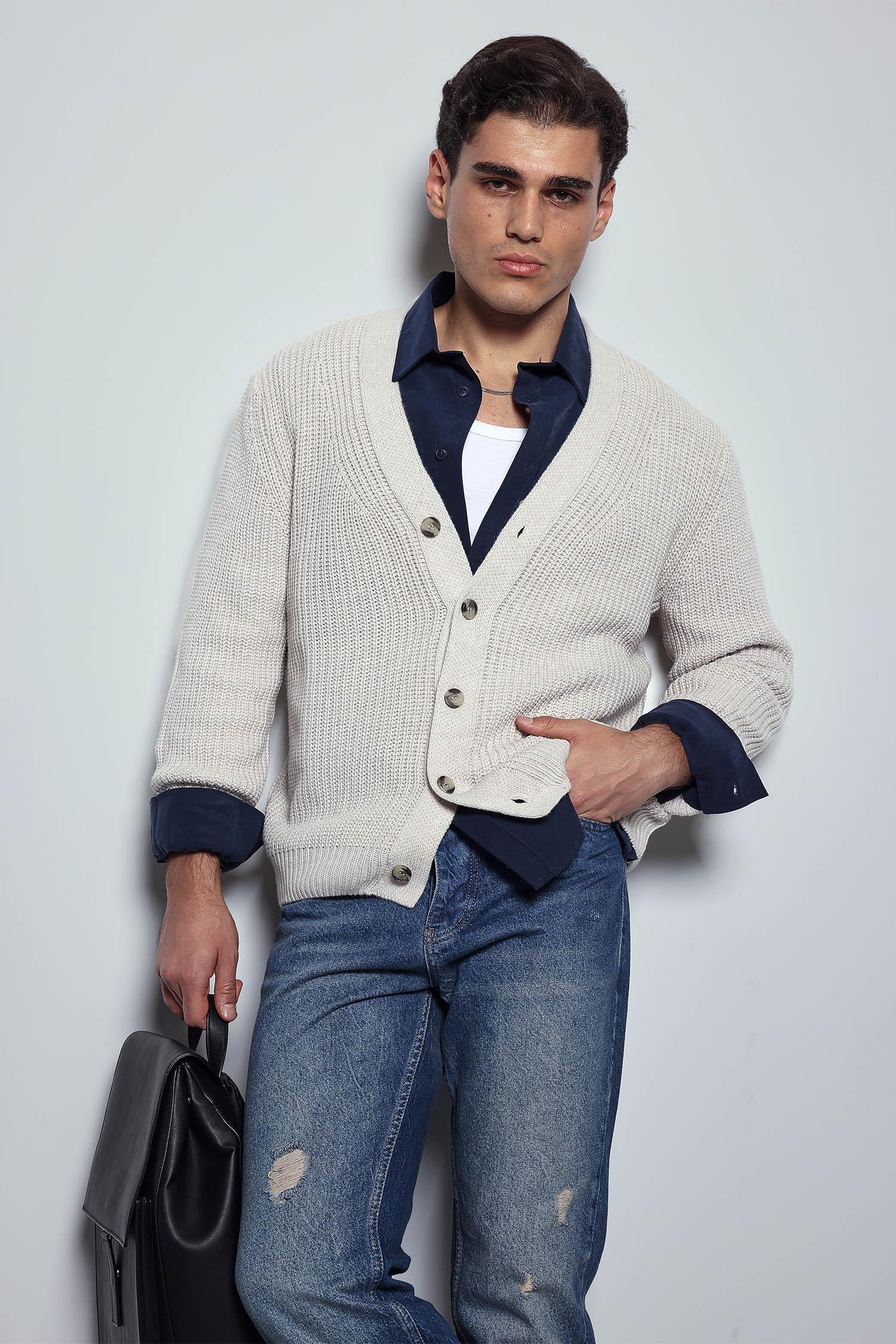 Erkek Oversize Düğmeli Triko Hırka Bej