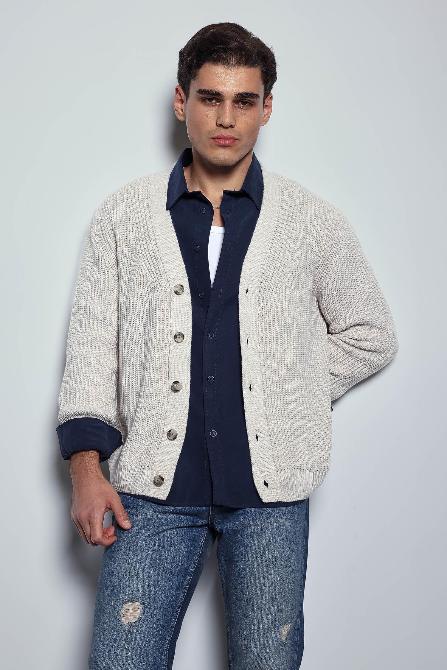 Erkek Oversize Düğmeli Triko Hırka Bej