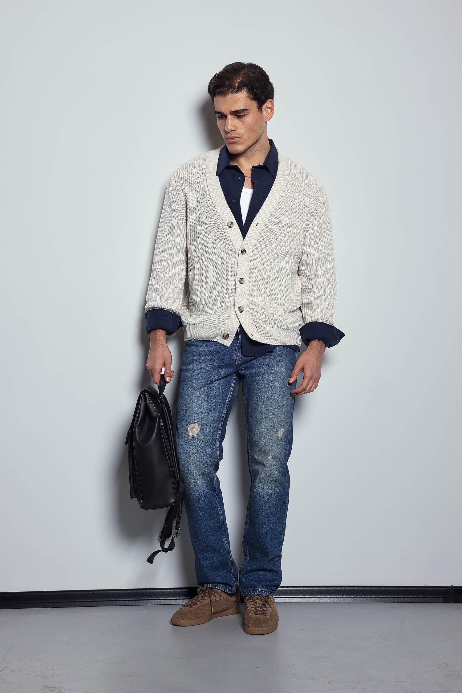 Erkek Oversize Düğmeli Triko Hırka Bej