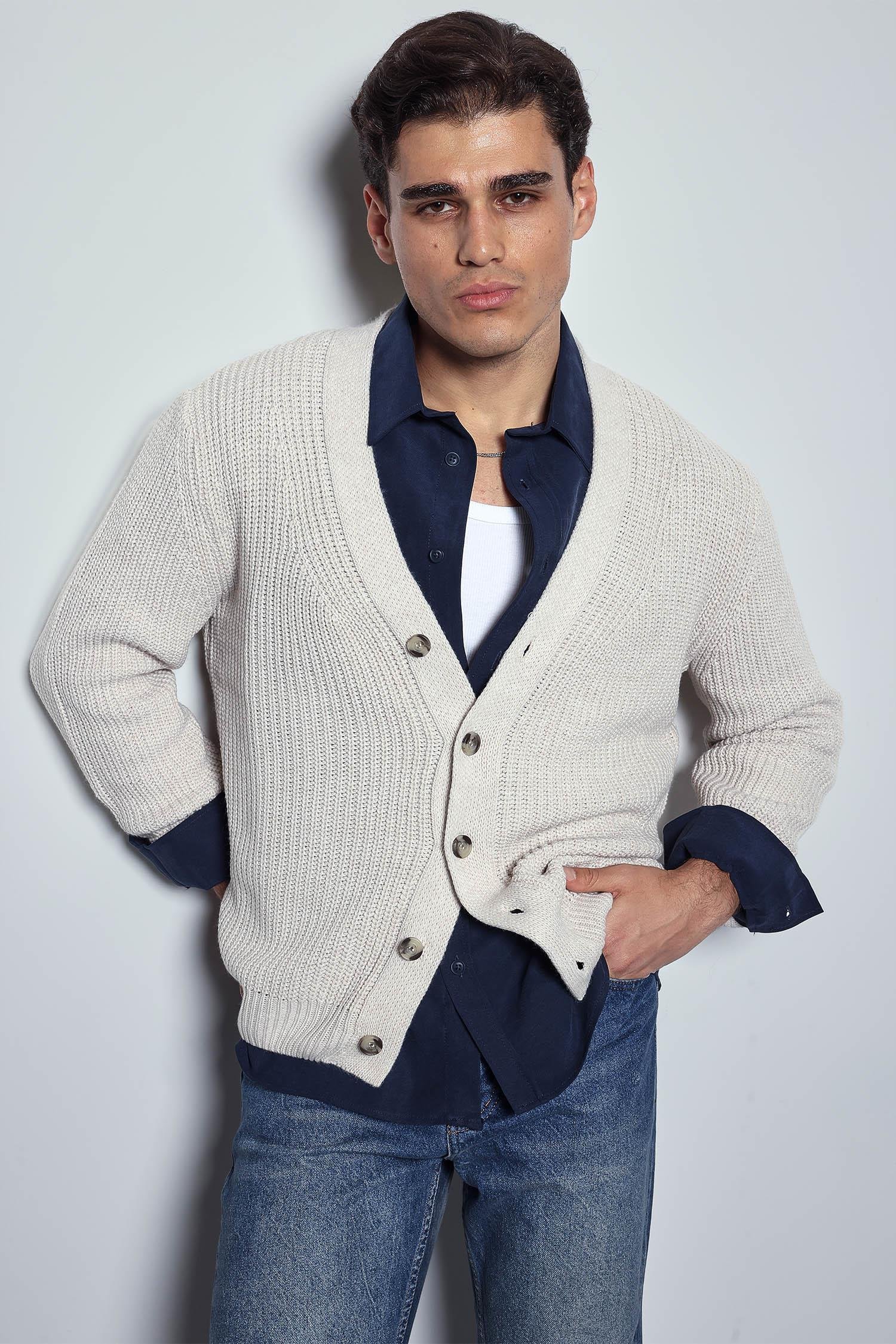 Erkek Oversize Düğmeli Triko Hırka Bej