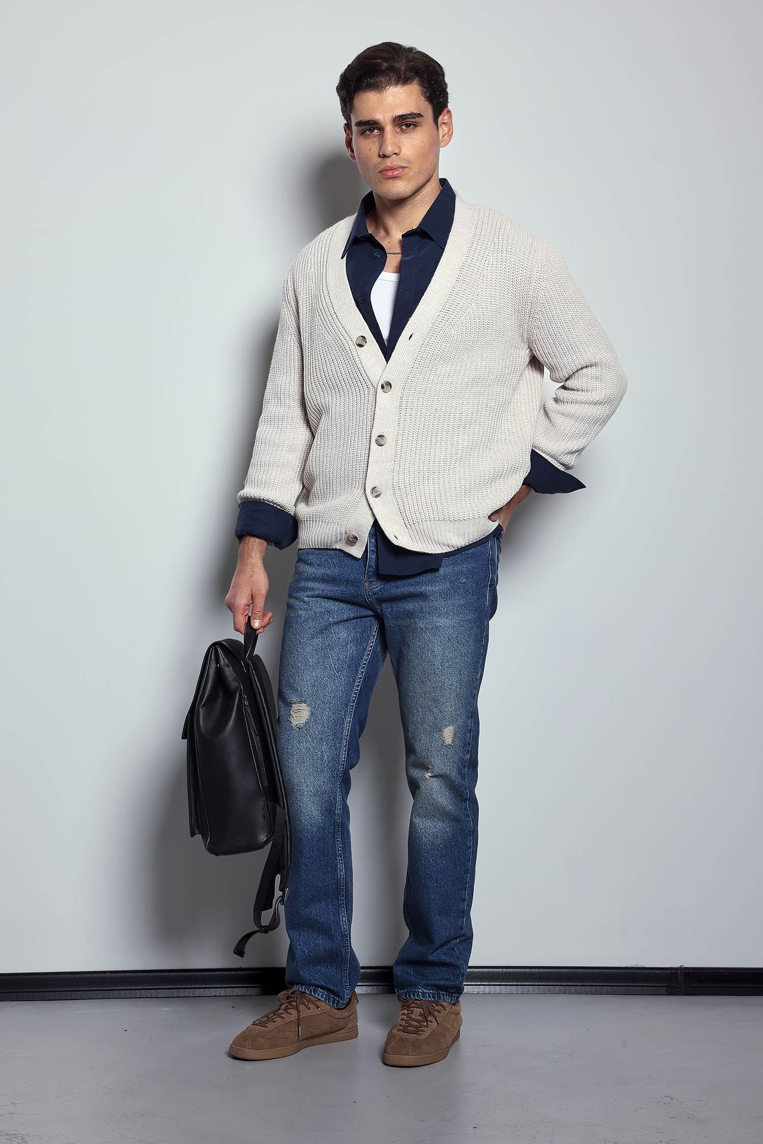 Erkek Oversize Düğmeli Triko Hırka Bej